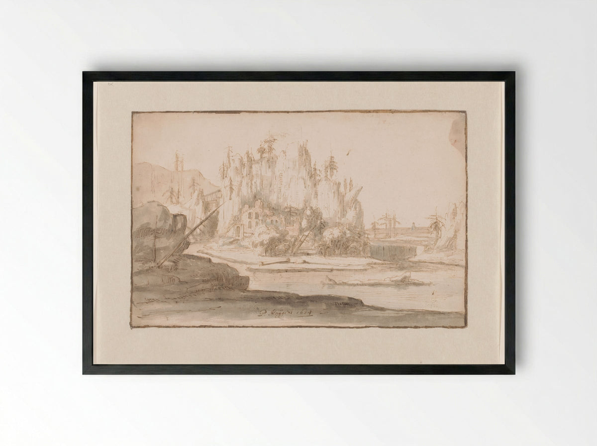 River Landscape with Ruin and Waterfall - Philips Huygens - Framed Print Black