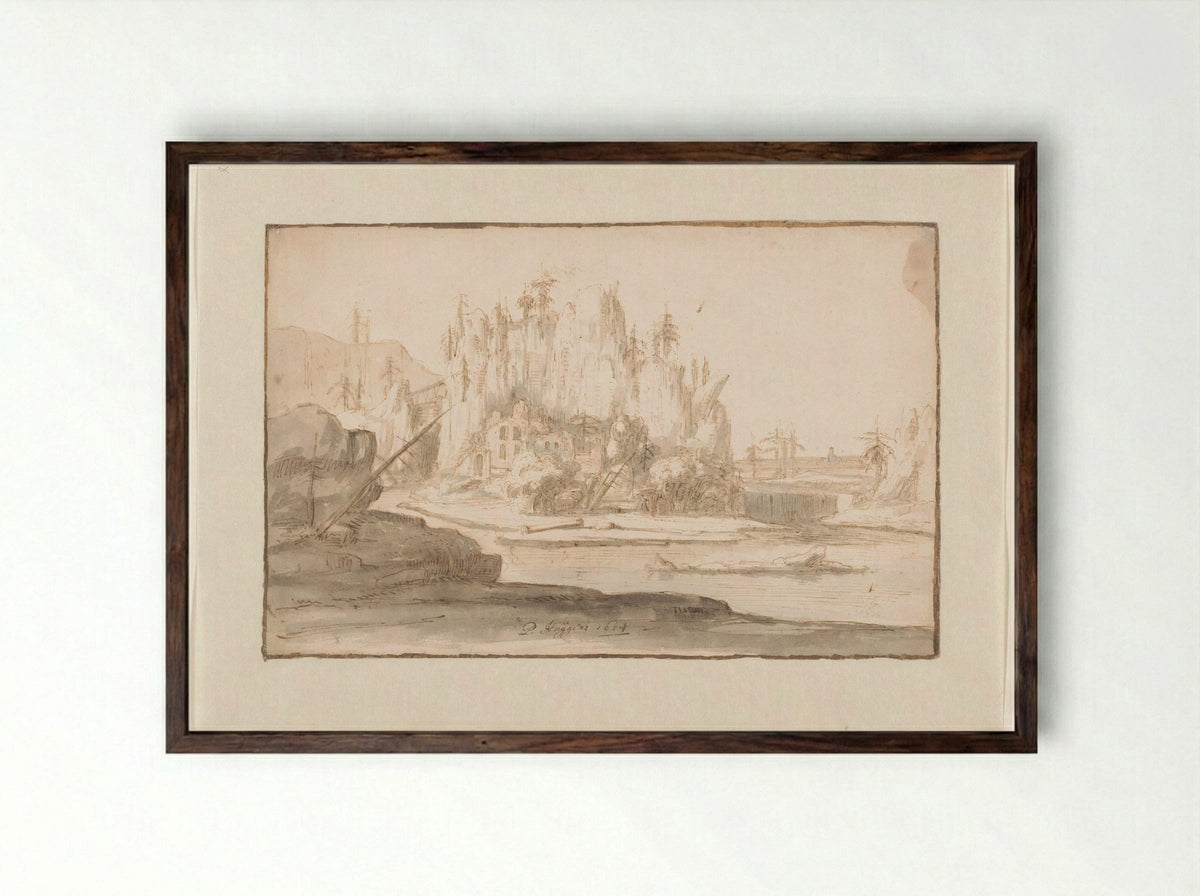 River Landscape with Ruin and Waterfall - Philips Huygens - Framed Print Dark Wood