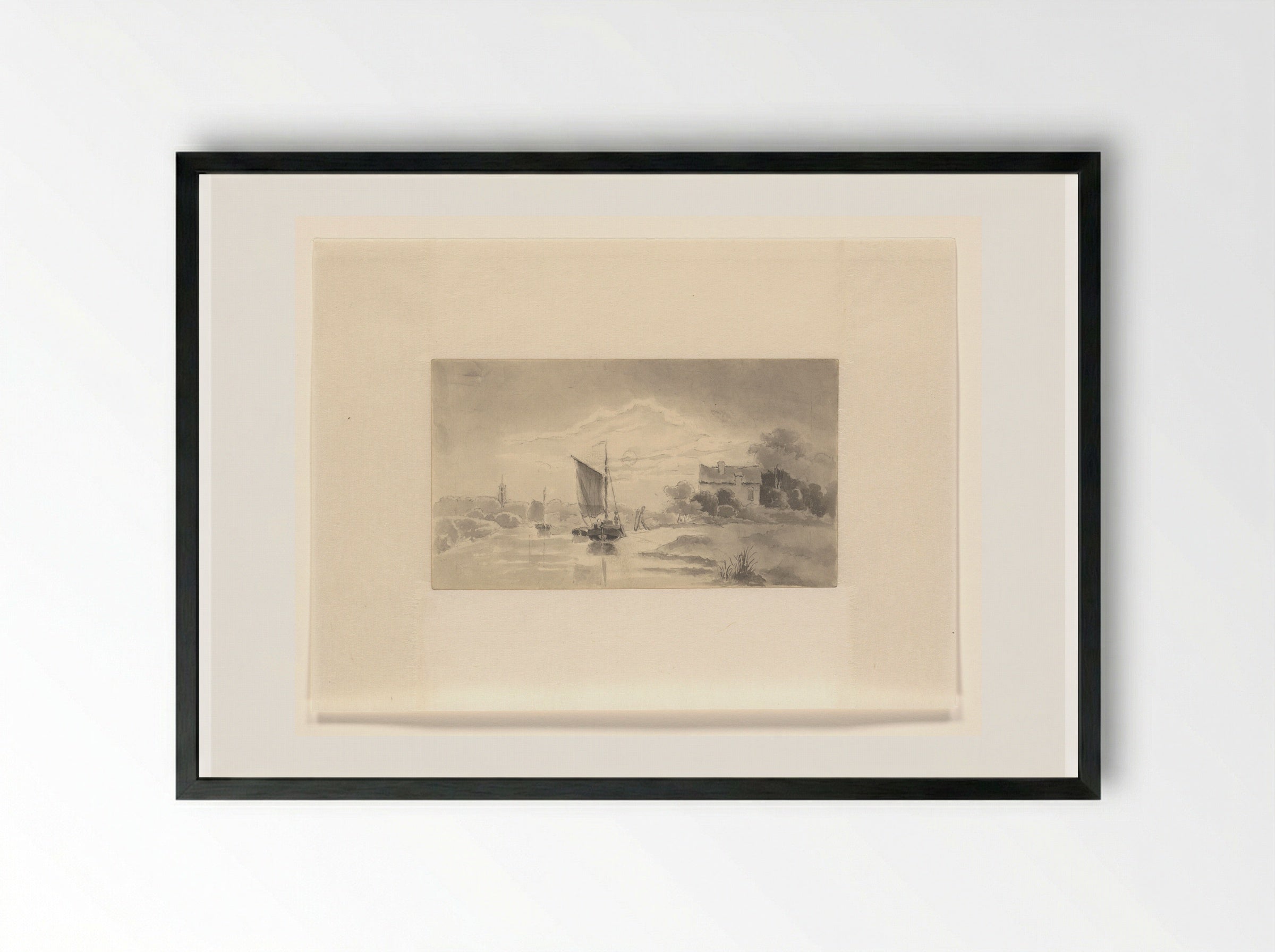 River Landscape with Sailing Vessel - Johannes van Reijn - Framed Print Black