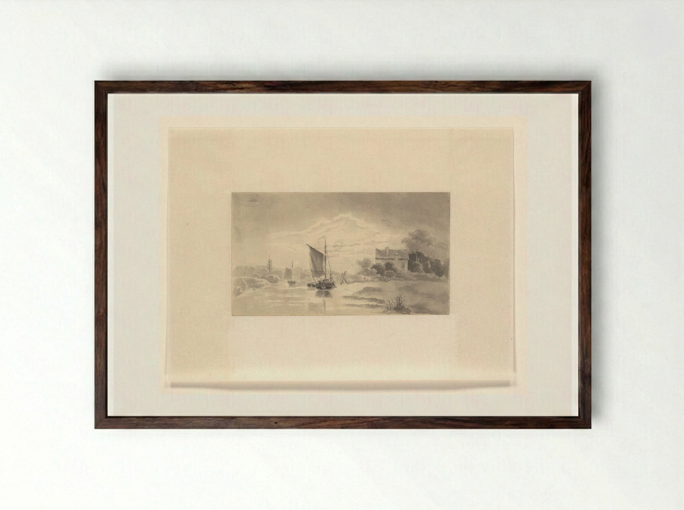 River Landscape with Sailing Vessel - Johannes van Reijn - Framed Print Dark Wood