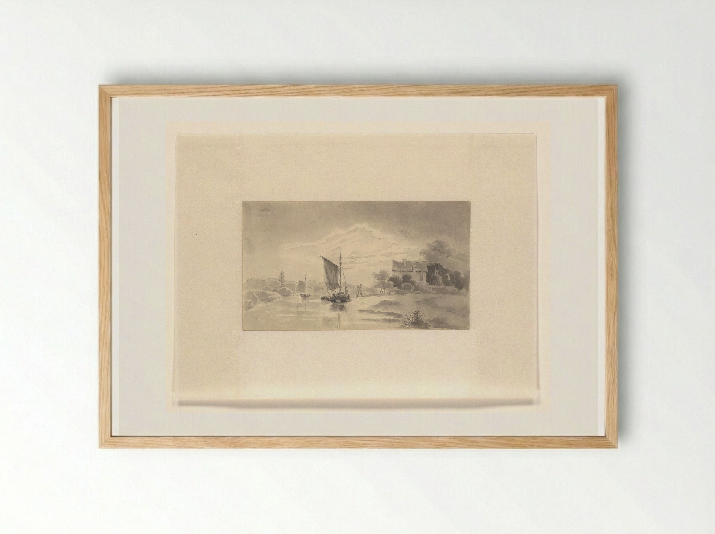 River Landscape with Sailing Vessel - Johannes van Reijn - Framed Print Wood
