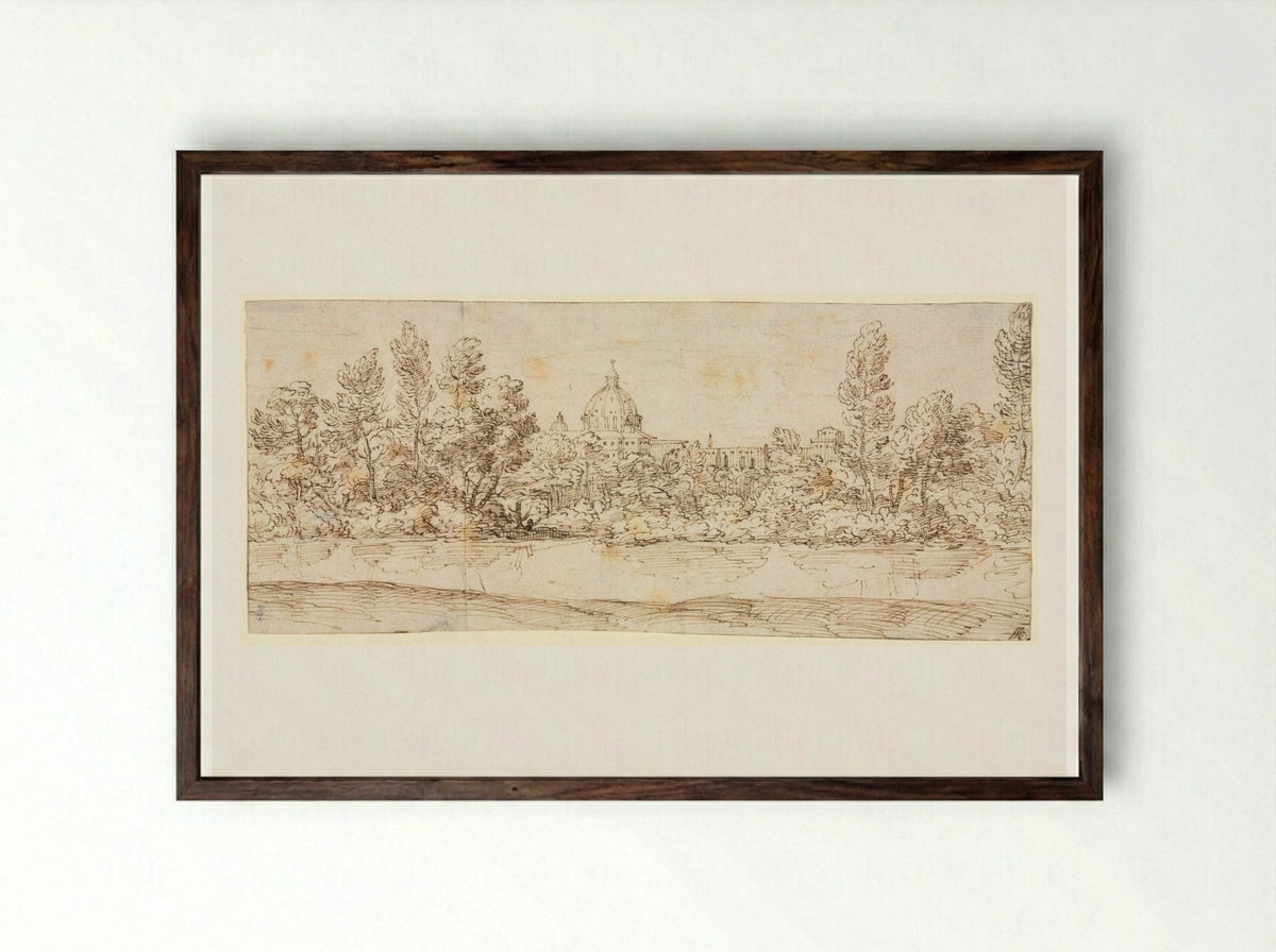 River Landscape with View of St. Peter's Basilica - Giovanni Francesco Grimaldi - Framed Print Dark Wood
