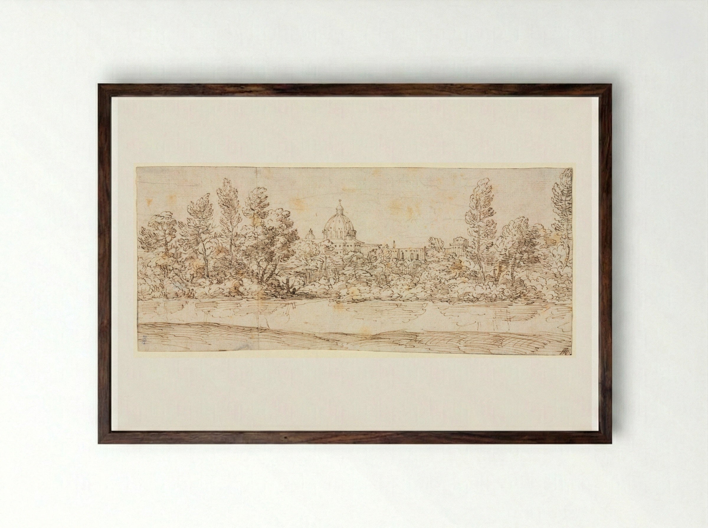 River Landscape with View of St. Peter's Basilica - Giovanni Francesco Grimaldi - Framed Print Dark Wood