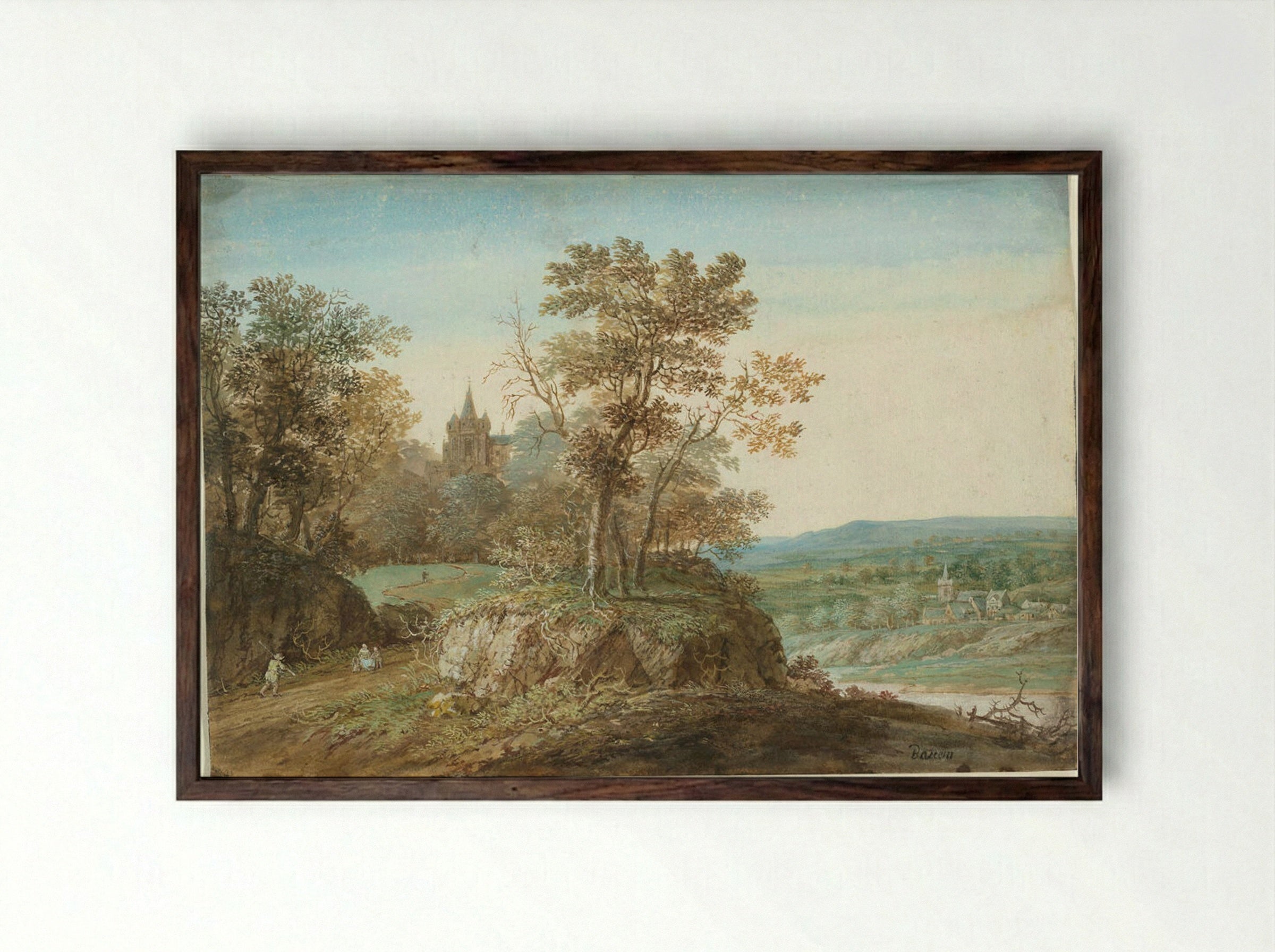 River Landscape with a Church - Gerrit Battem - Framed Print Dark Wood