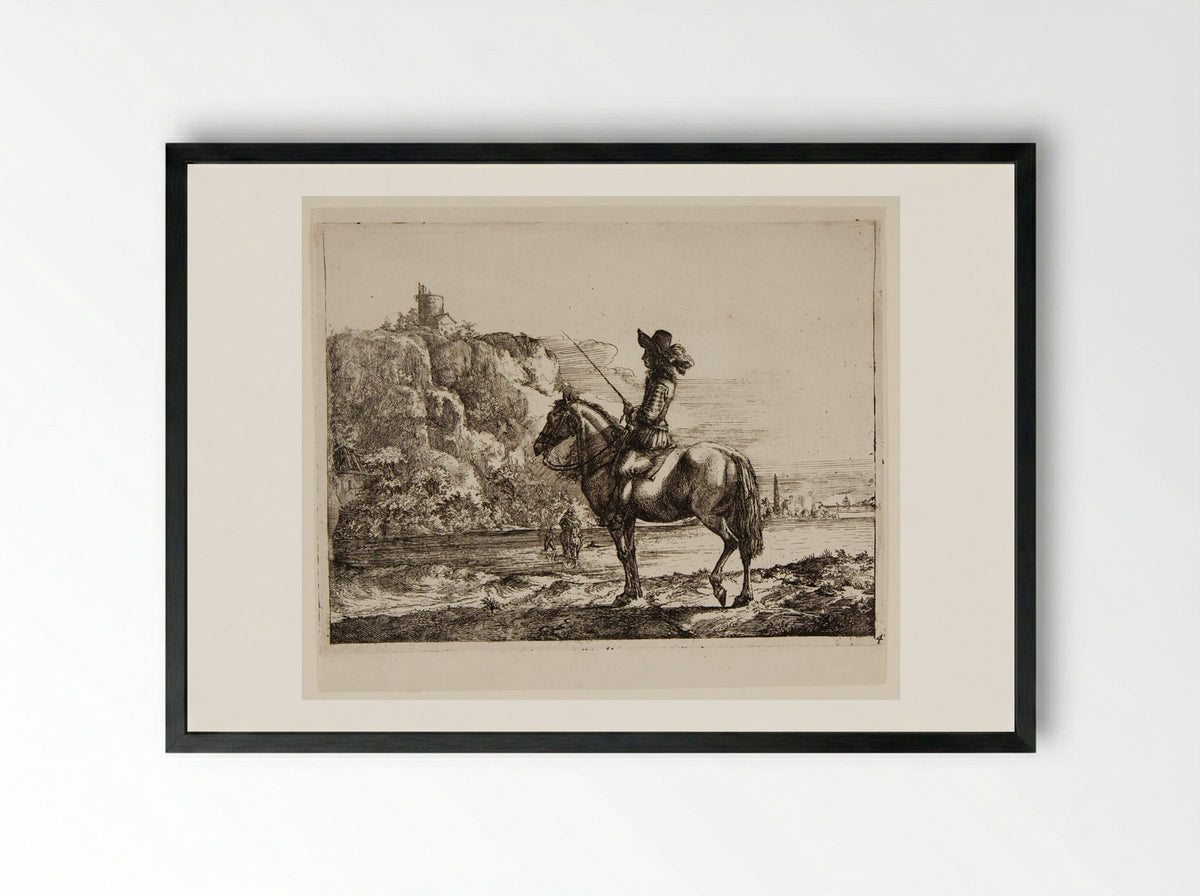River Landscape with a Horseman - Philips Wouwerman - Framed Print Black