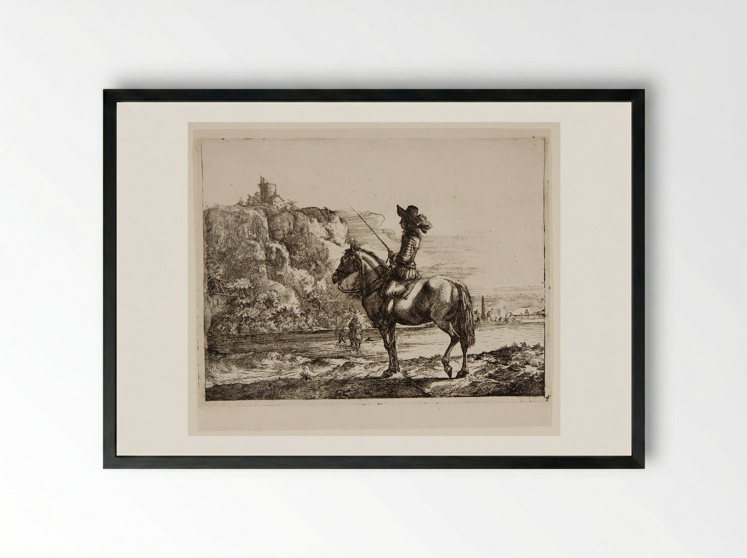 River Landscape with a Horseman - Philips Wouwerman - Framed Print Black