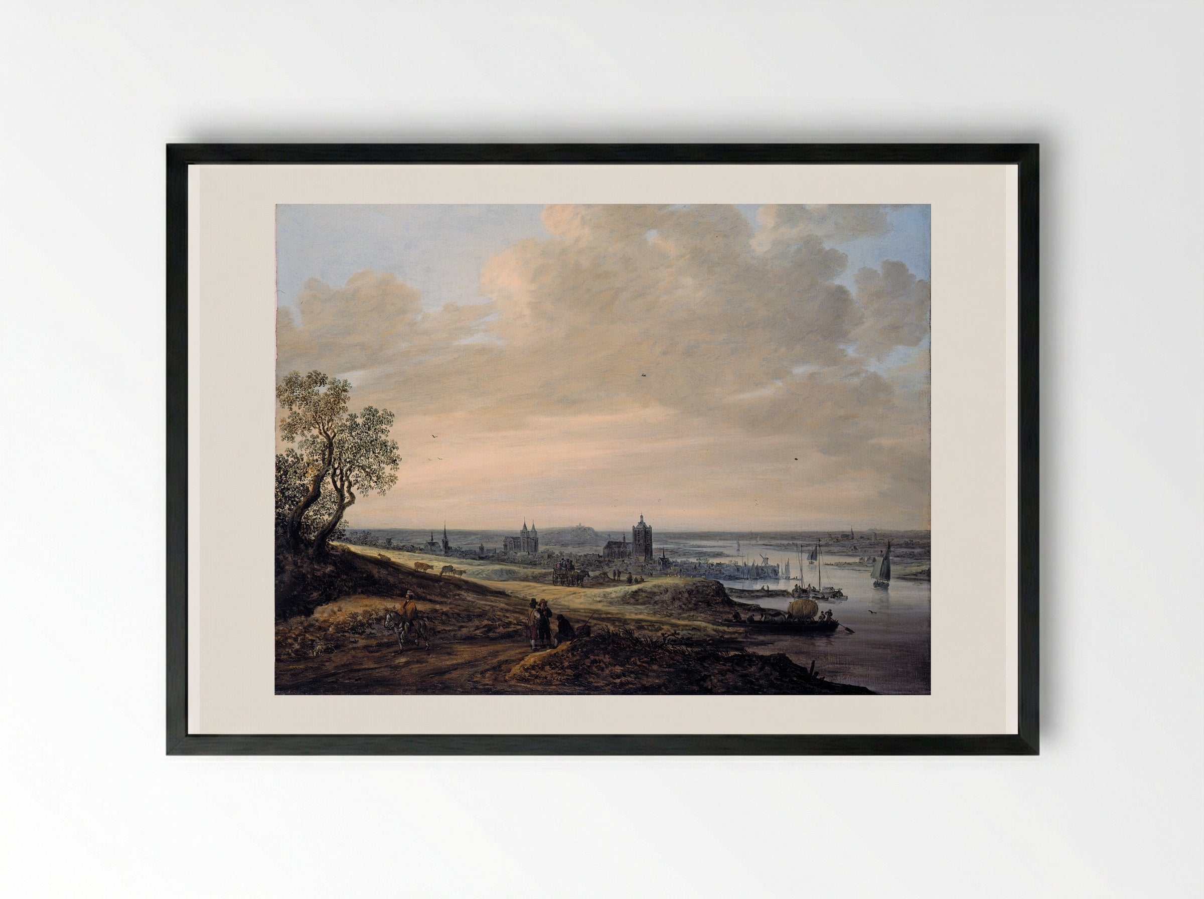 River Landscape with a View of Rhenen - Jan van Goyen - Framed Print Black