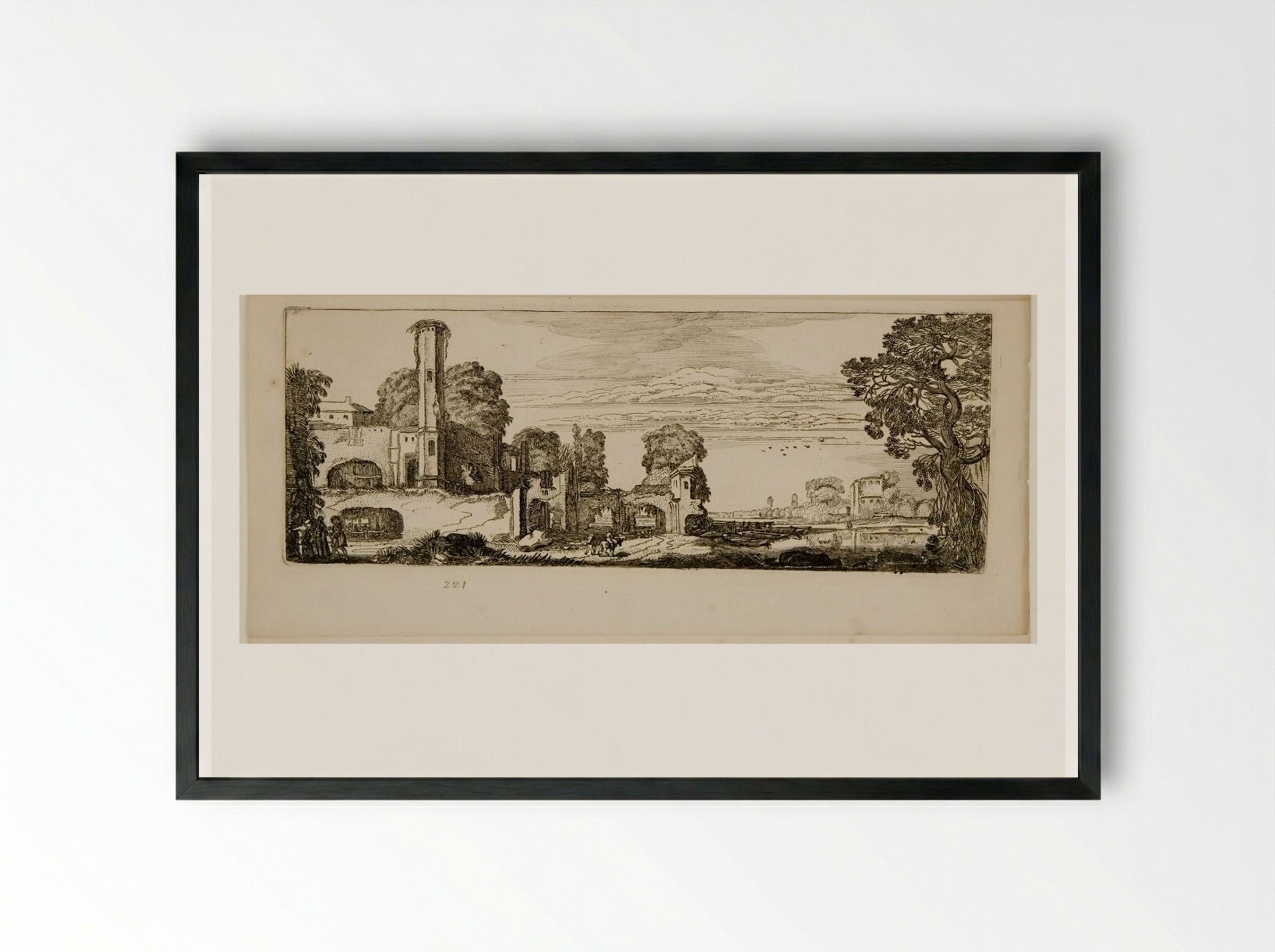 River Landscape with the Ruins of a Castle - Jan van de Velde II - Framed Print Black