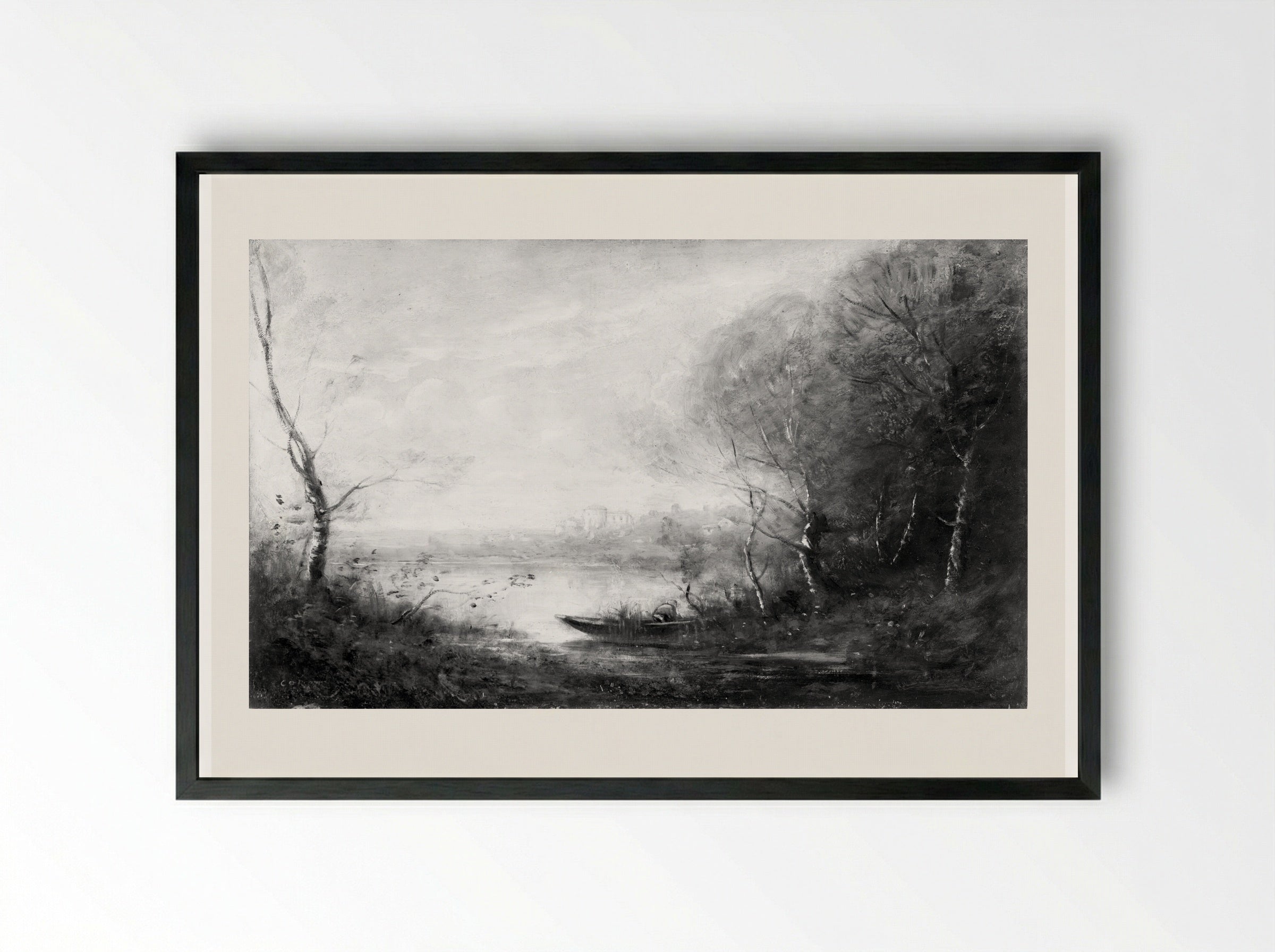 River Landscape - Jean-Baptiste-Camille Corot - Framed Print Black