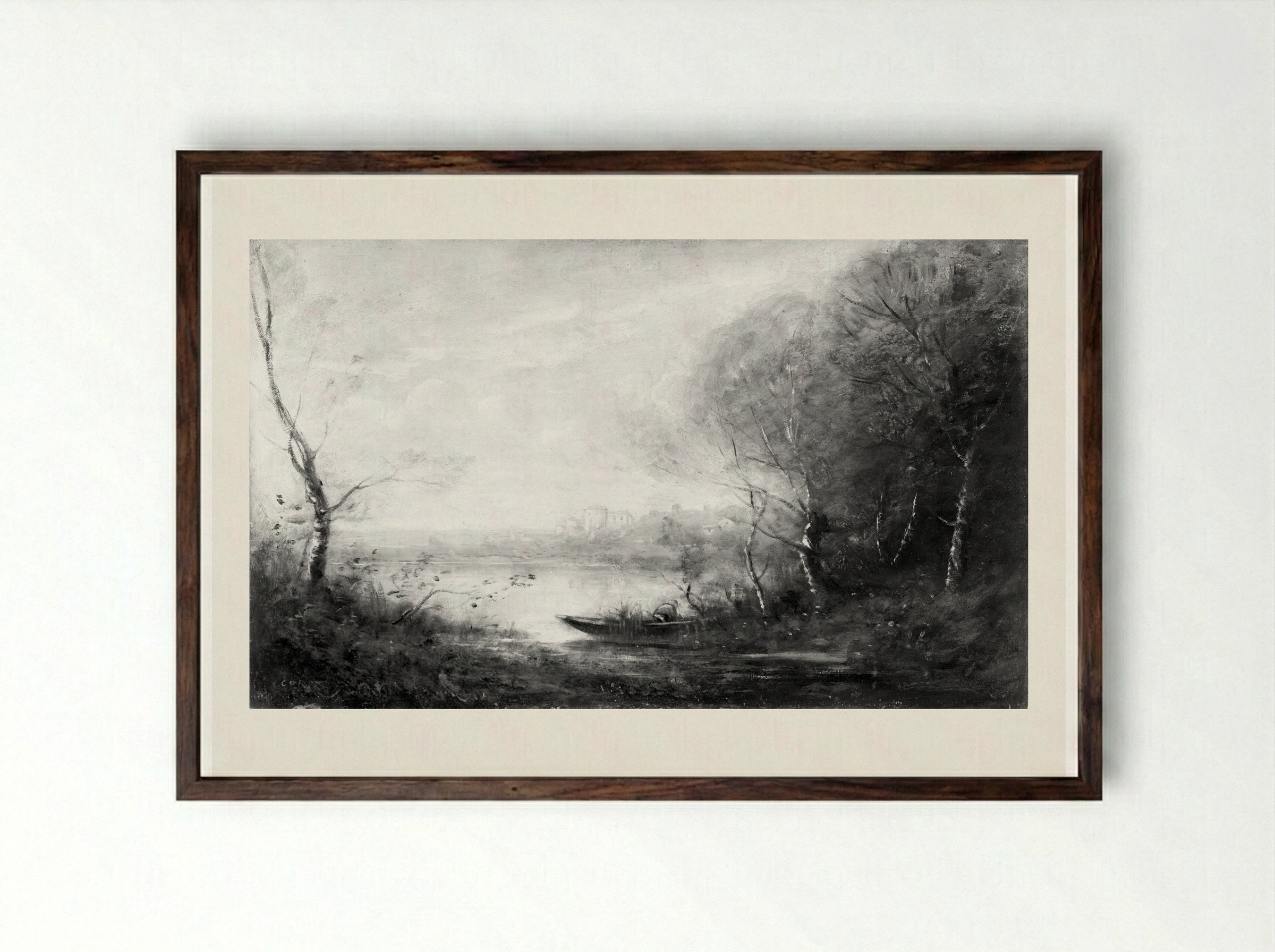 River Landscape - Jean-Baptiste-Camille Corot - Framed Print Dark Wood