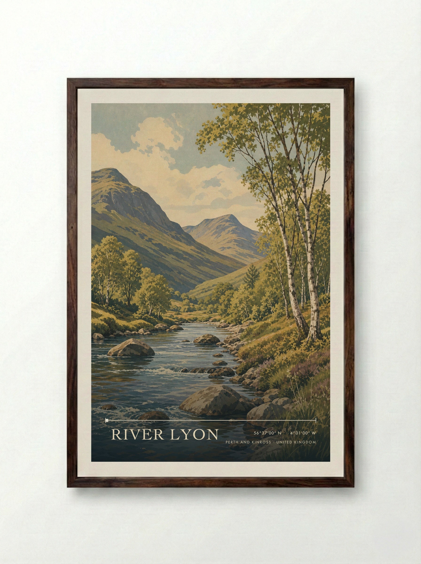River Lyon Perth and Kinross United Kingdom Travel Poster - Framed Print Dark Wood