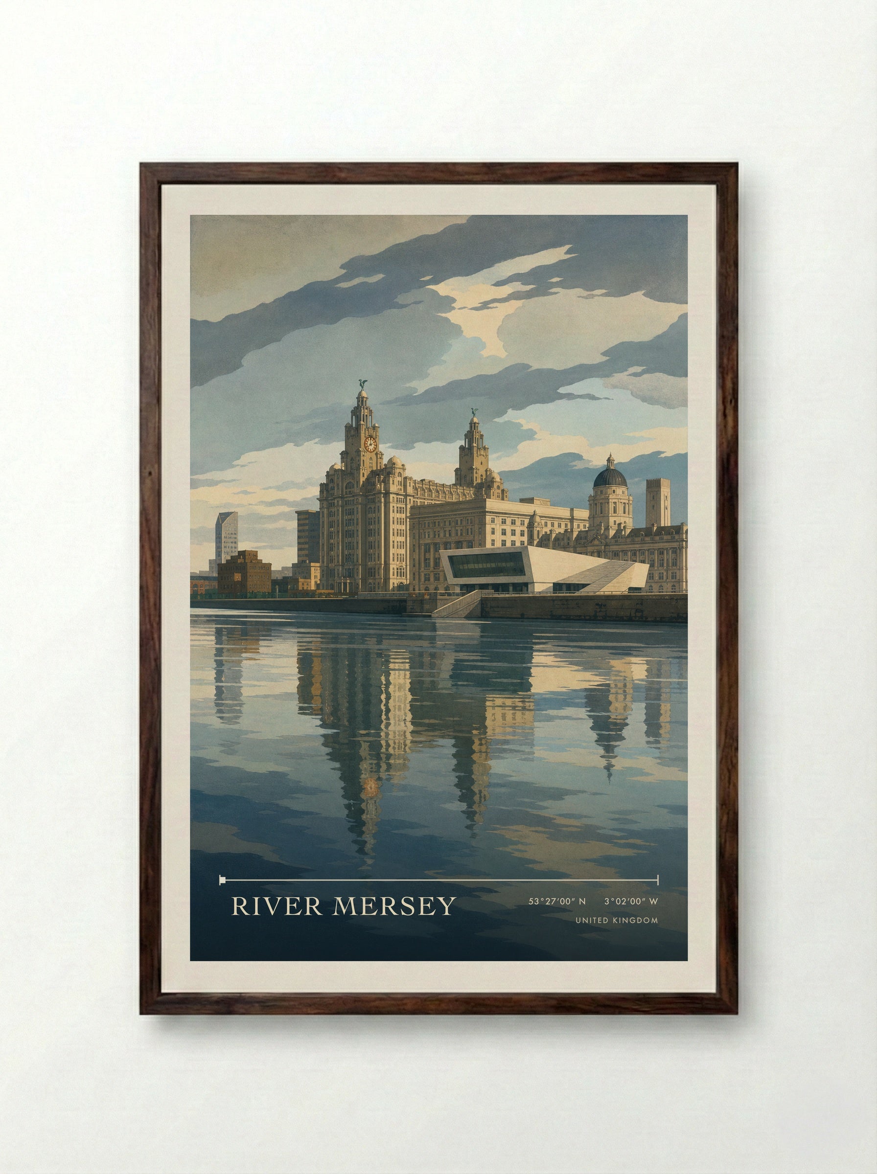 River Mersey United Kingdom Travel Poster - Framed Print Dark Wood