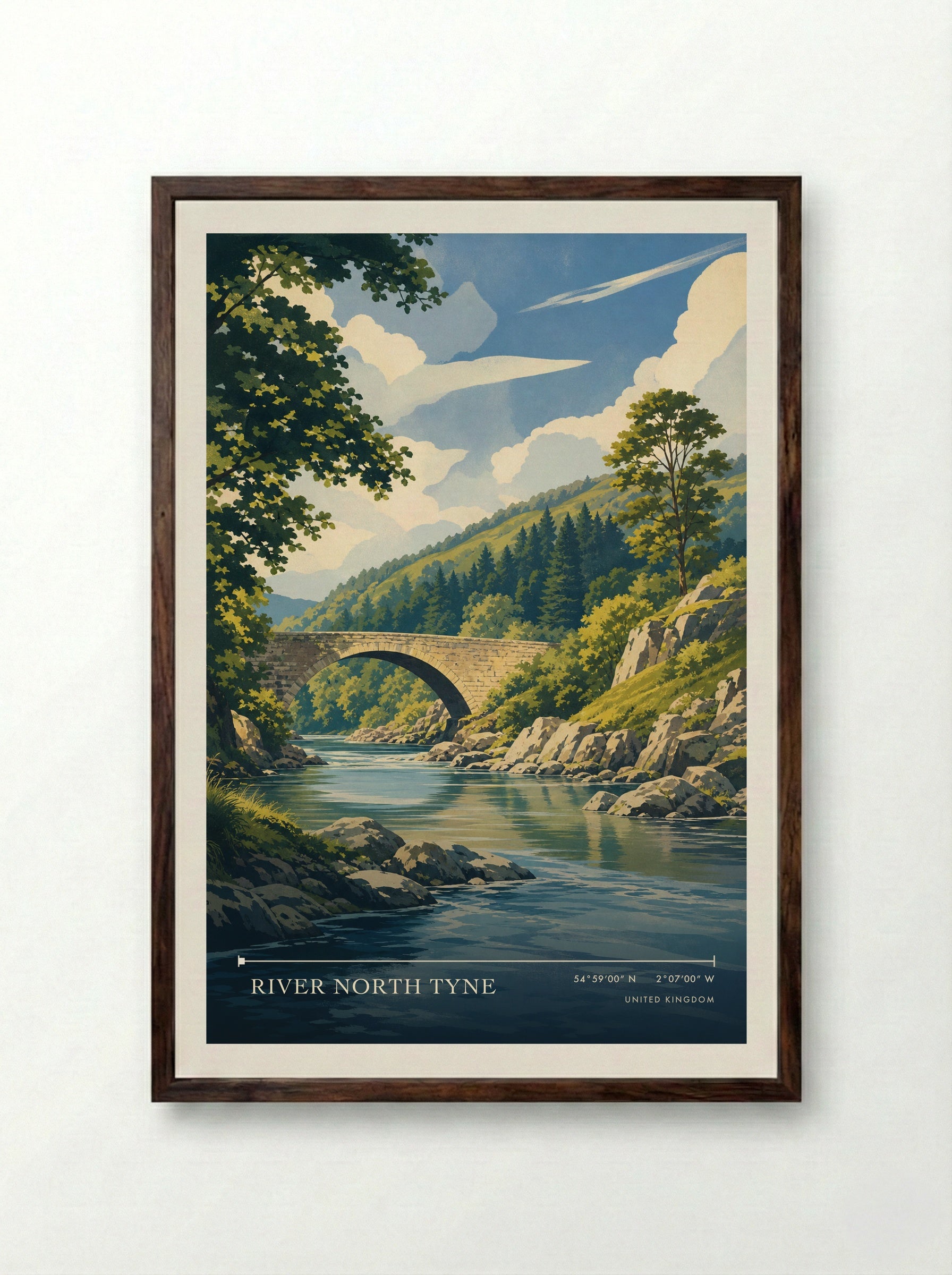 River North Tyne United Kingdom Travel Poster - Framed Print Dark Wood
