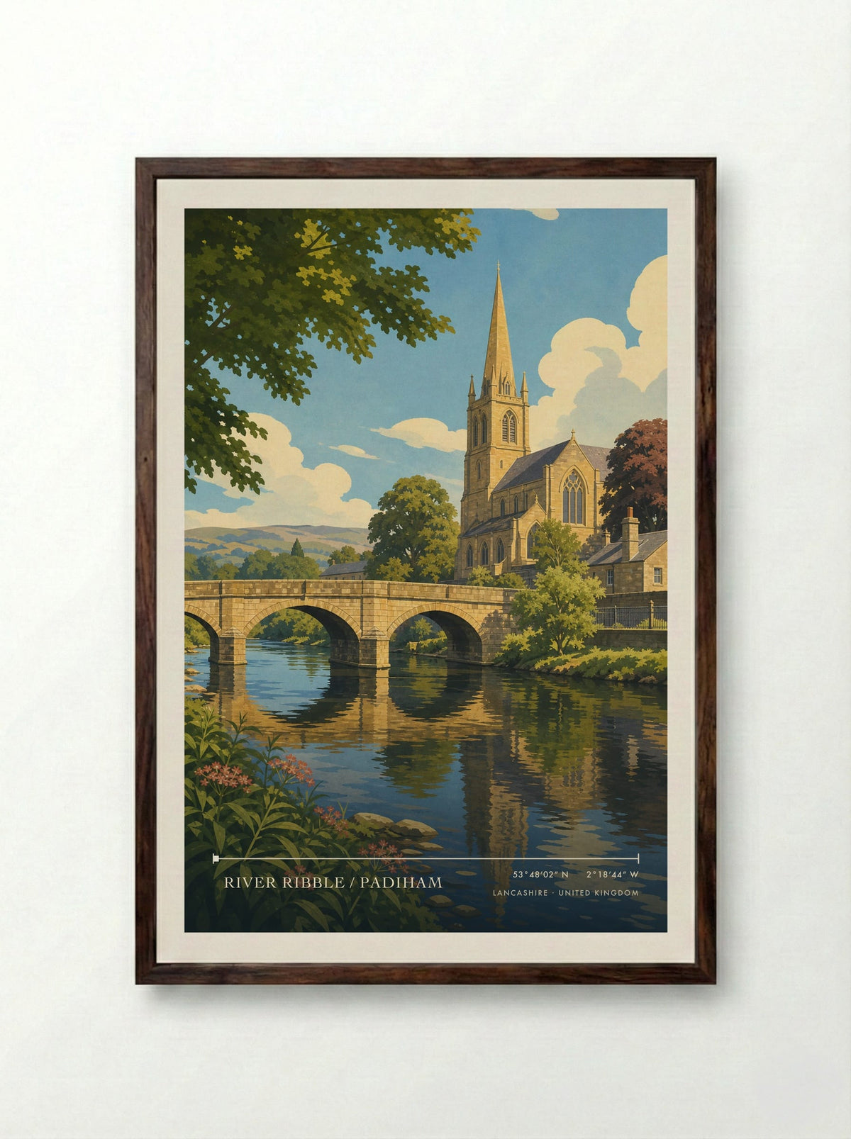 River Ribble / Padiham Lancashire United Kingdom Travel Poster - Framed Print Dark Wood