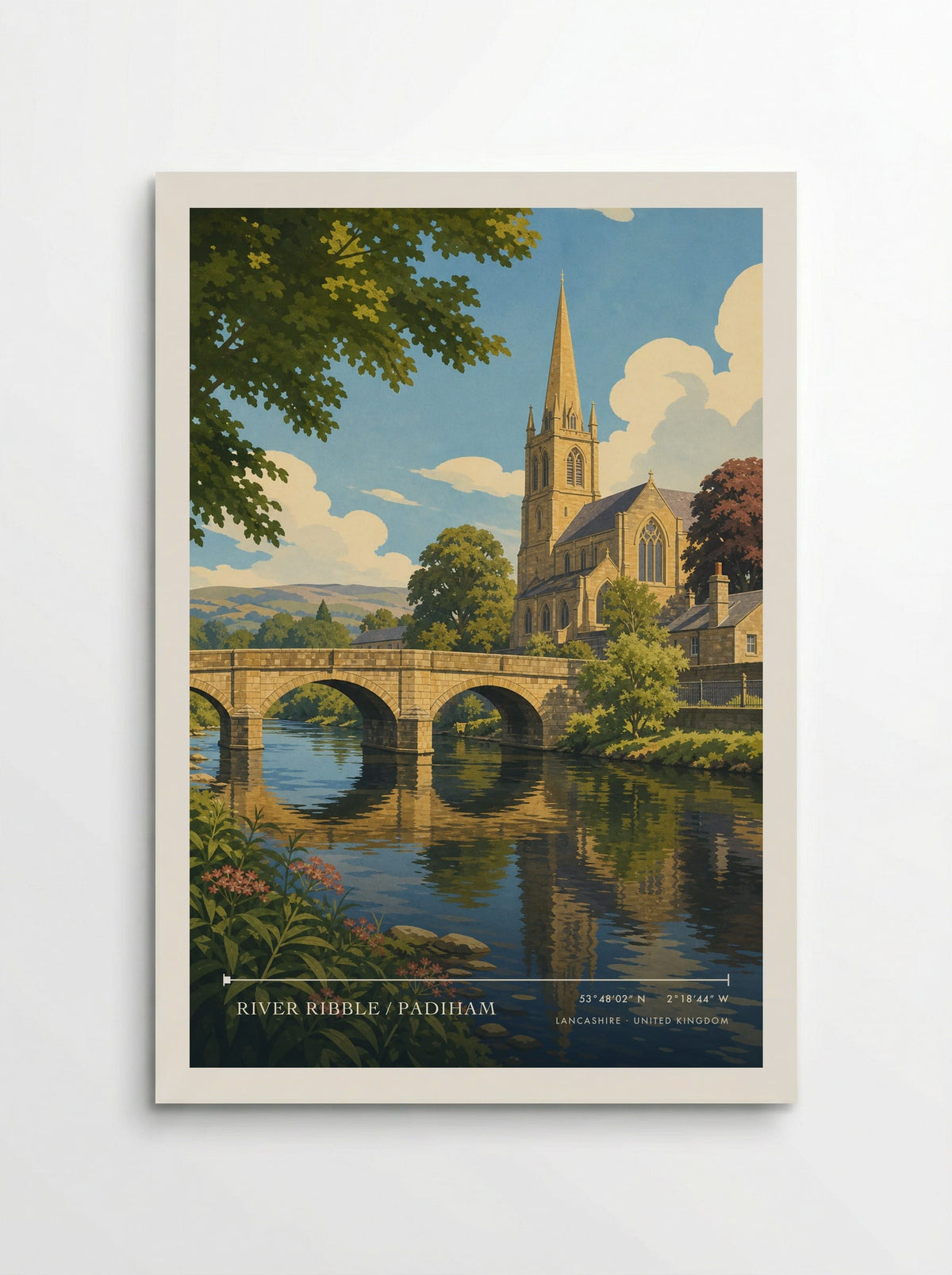 River Ribble / Padiham, Lancashire travel poster: a three-arched stone bridge, church spire and calm Lancashire water