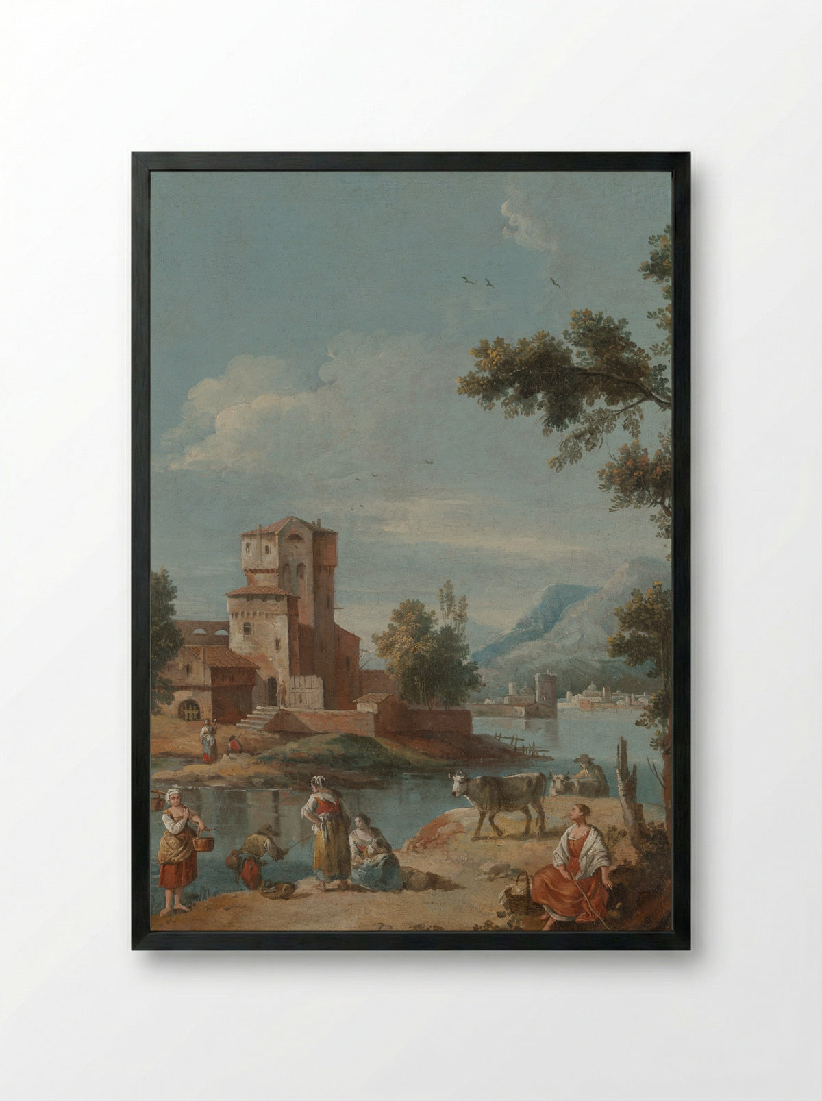 River Scene with Figures and Cattle - Giuseppe Zaïs - Framed Print Black