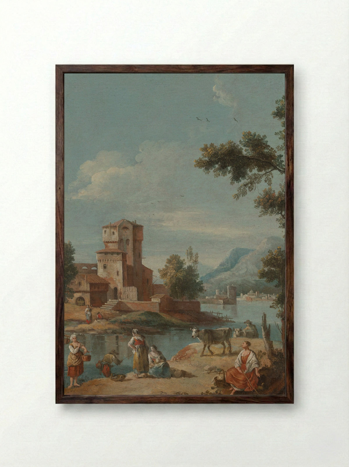 River Scene with Figures and Cattle - Giuseppe Zaïs - Framed Print Dark Wood