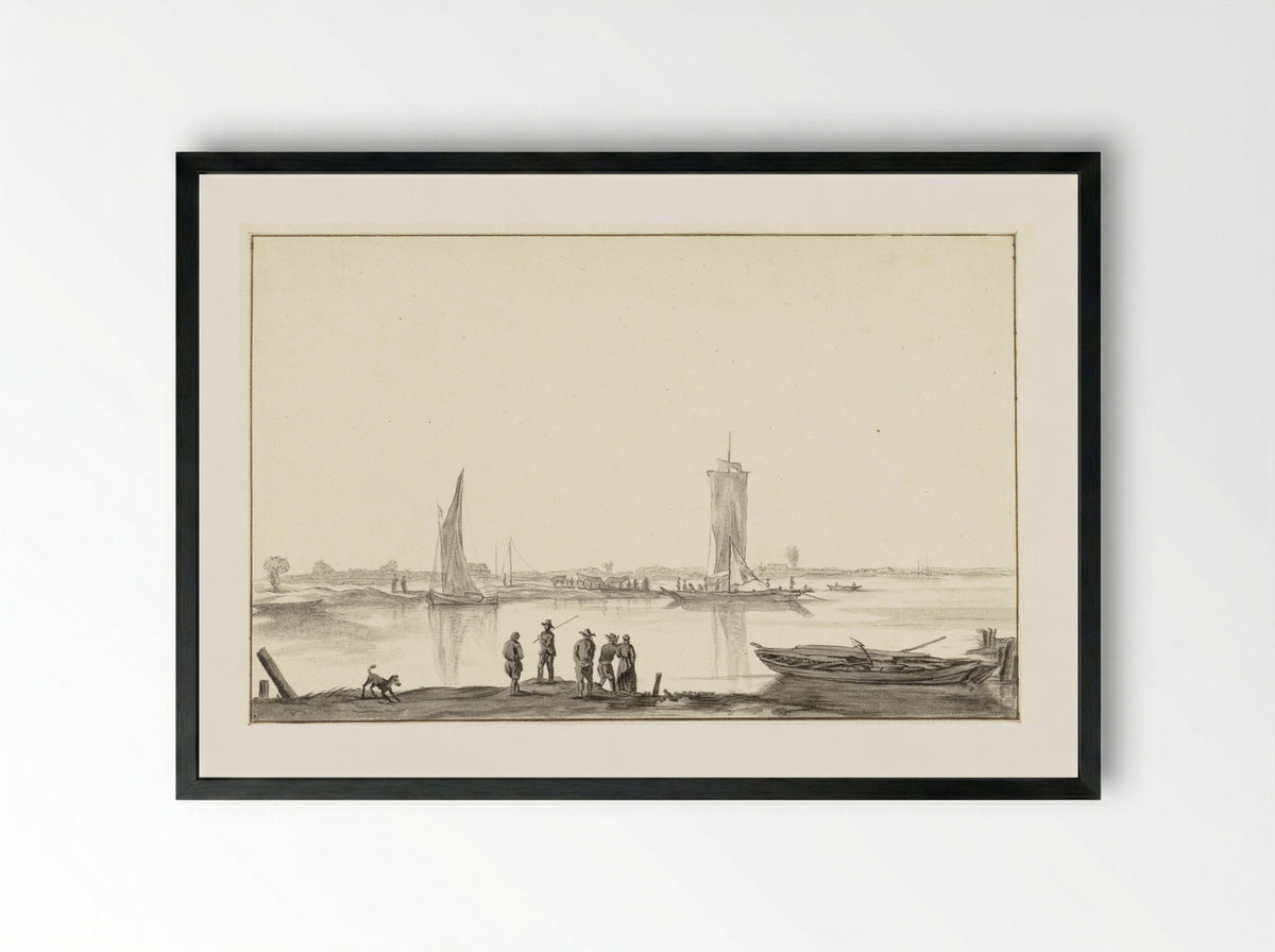 River Scene with Five Figures and a Dog - Hendrick Jacobsz. Dubbels - Framed Print Black