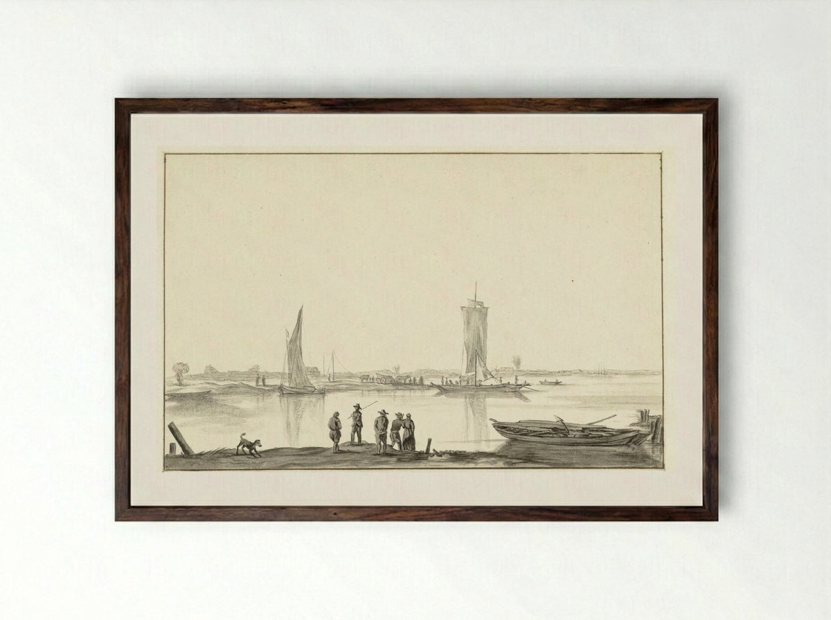 River Scene with Five Figures and a Dog - Hendrick Jacobsz. Dubbels - Framed Print Dark Wood