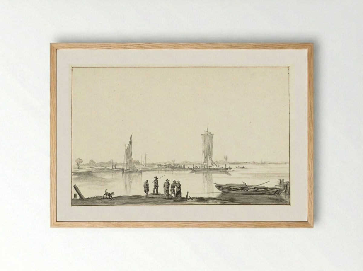 River Scene with Five Figures and a Dog - Hendrick Jacobsz. Dubbels - Framed Print Wood
