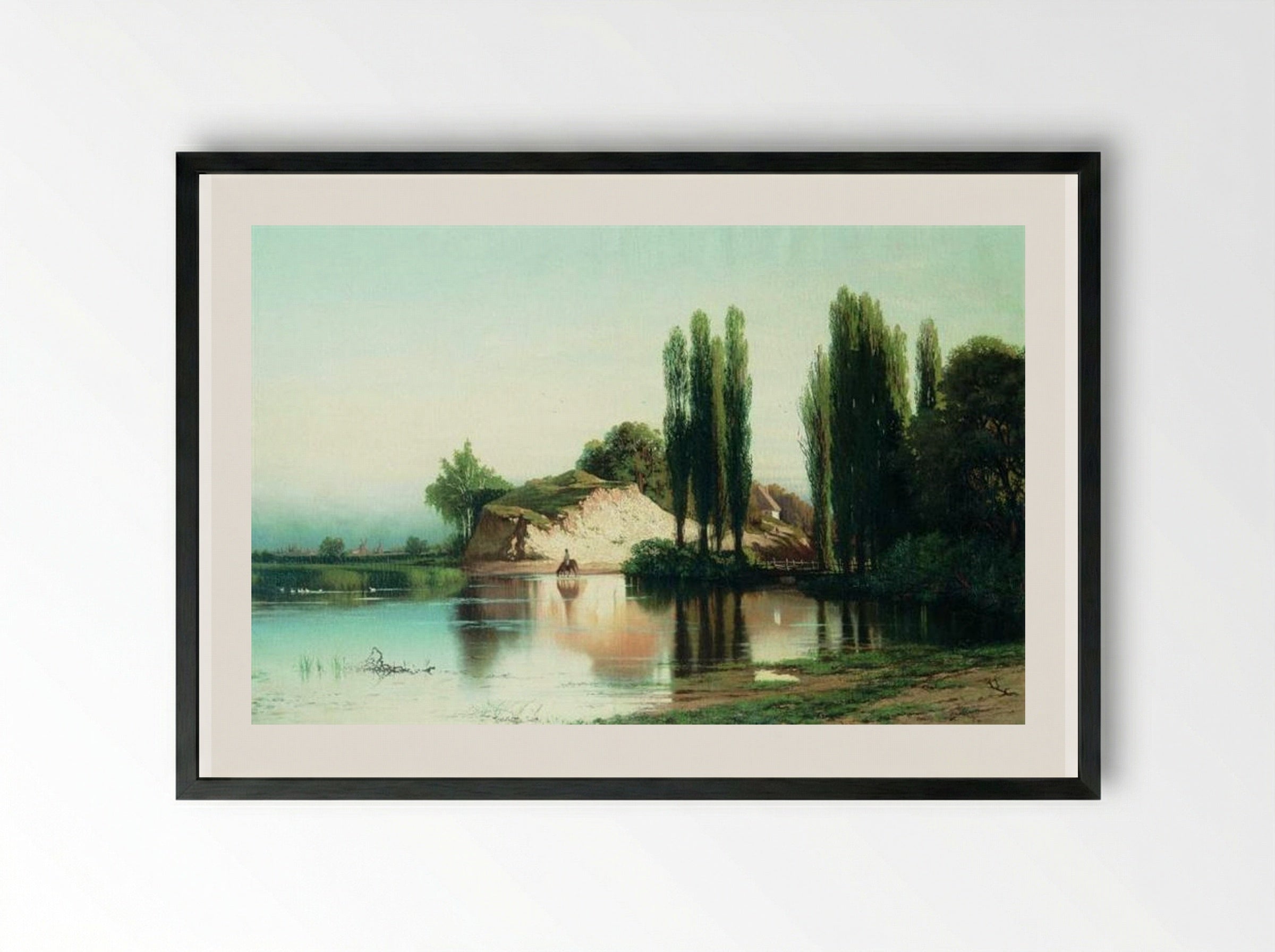 River Scene with Poplars - Volodymyr Orlovsky - Framed Print Black