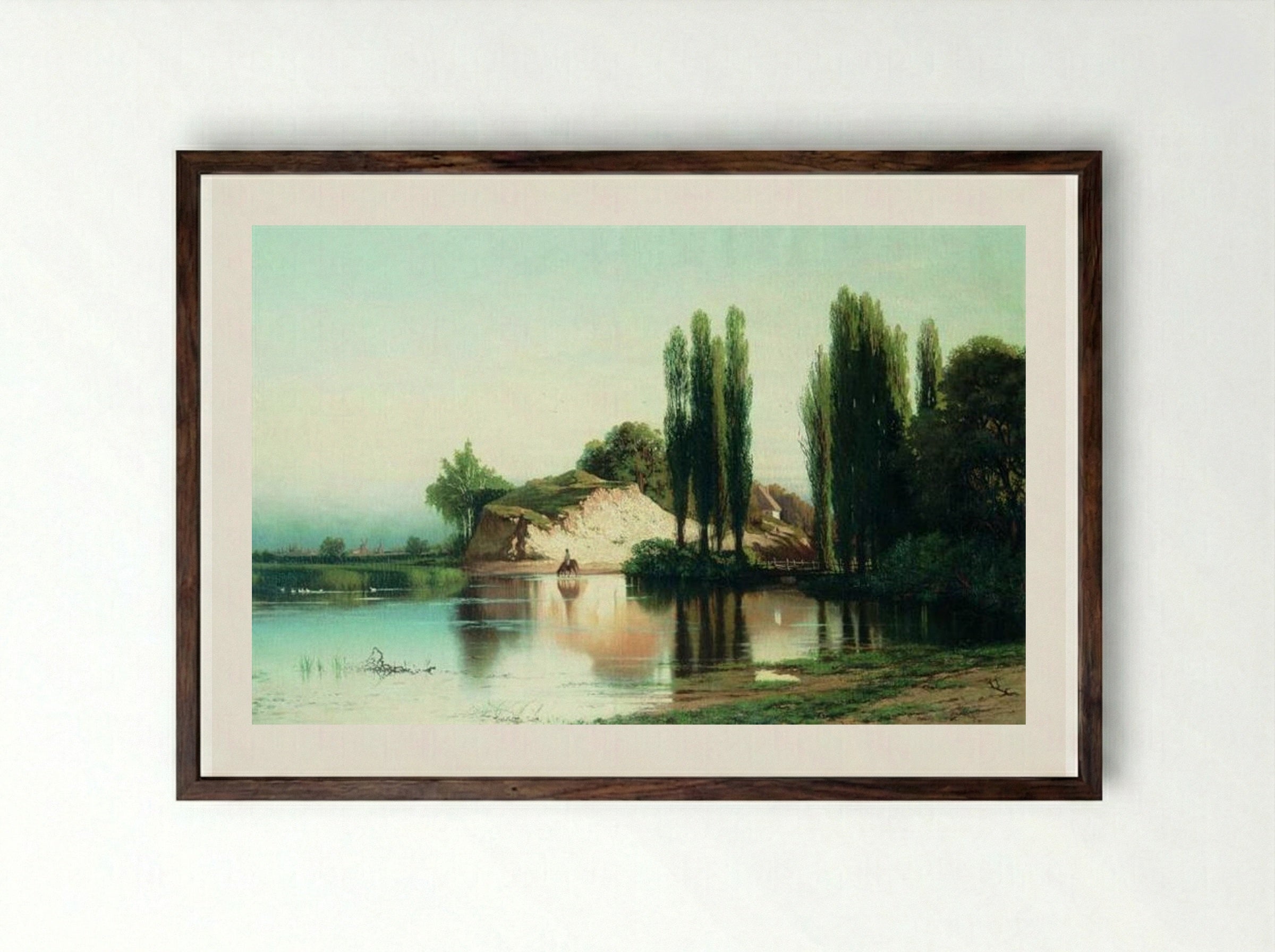 River Scene with Poplars - Volodymyr Orlovsky - Framed Print Dark Wood