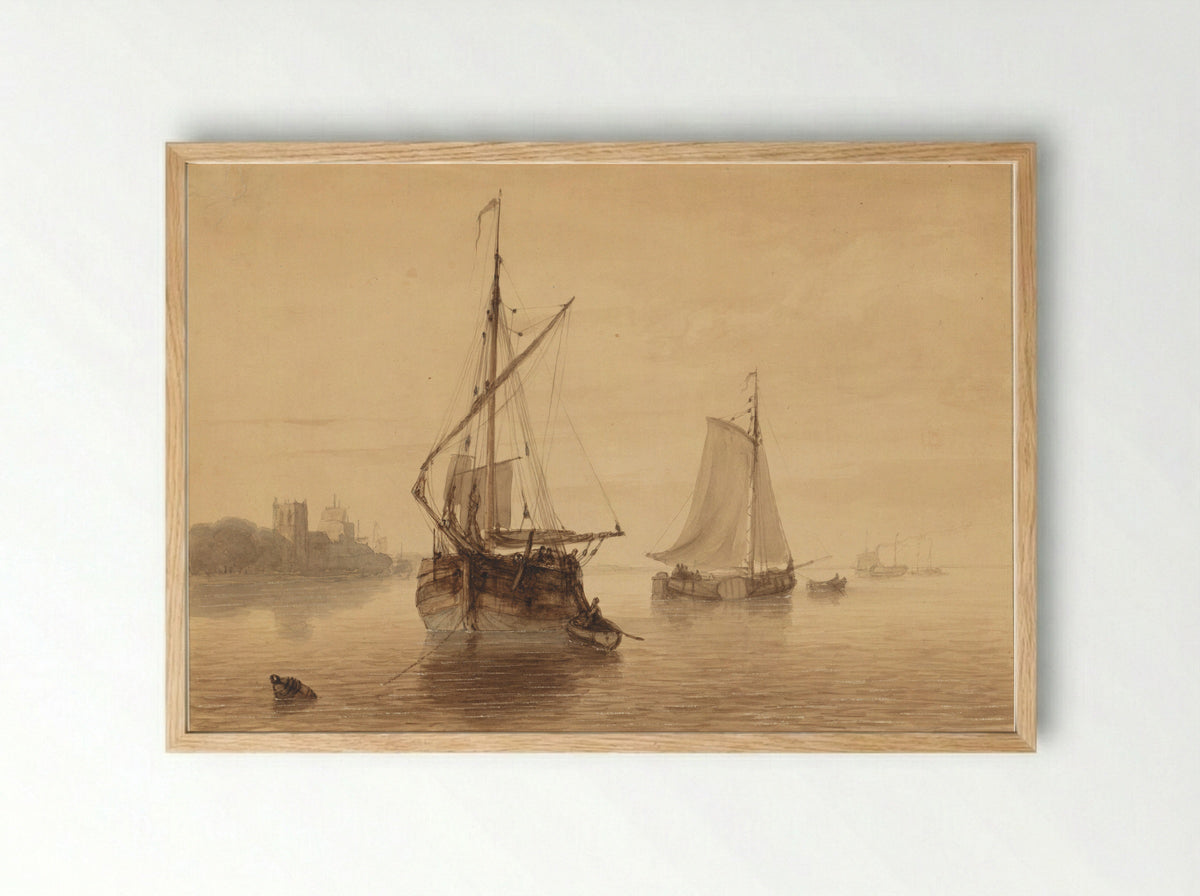 River Scene with Ships - Nicolaas Johannes Roosenboom - Framed Print Wood