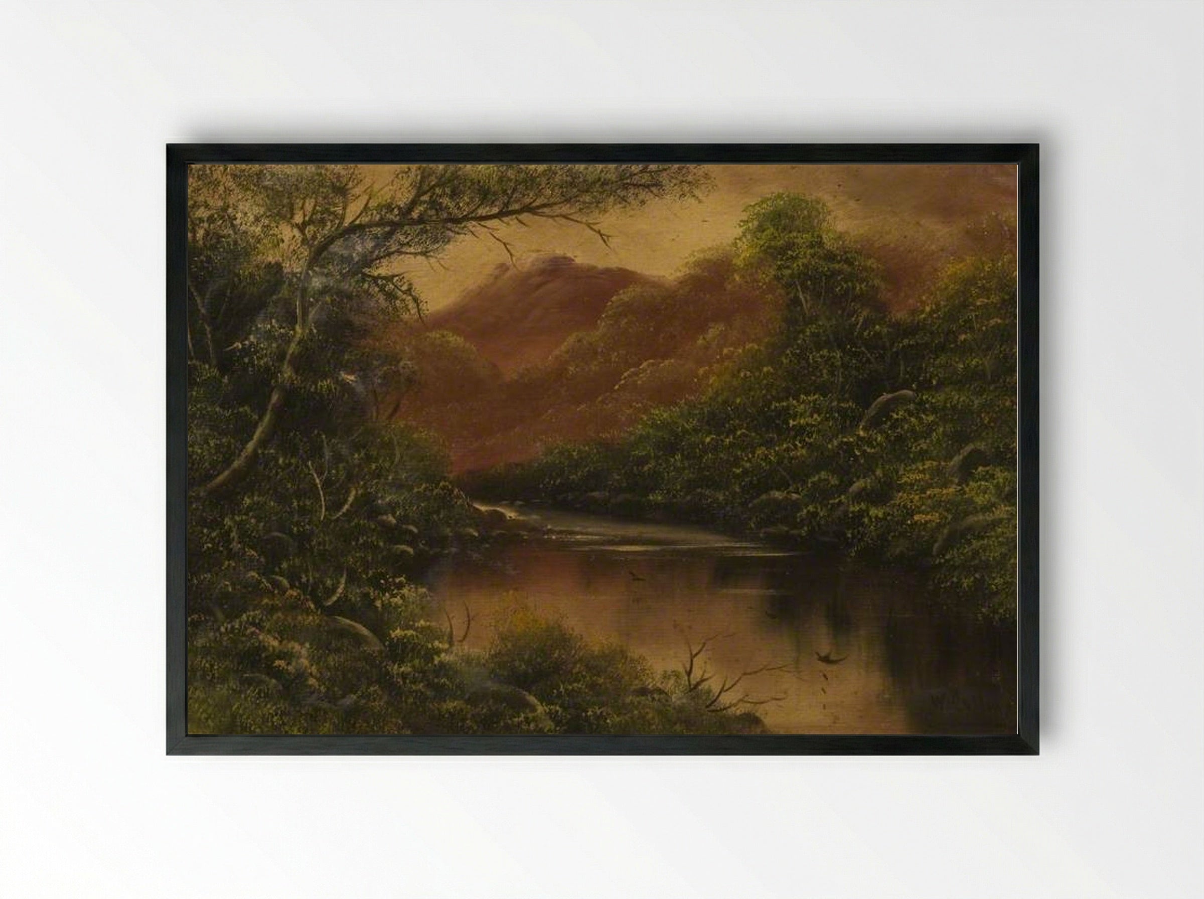 River Scene with Trees and Mountains - William Collins - Framed Print Black