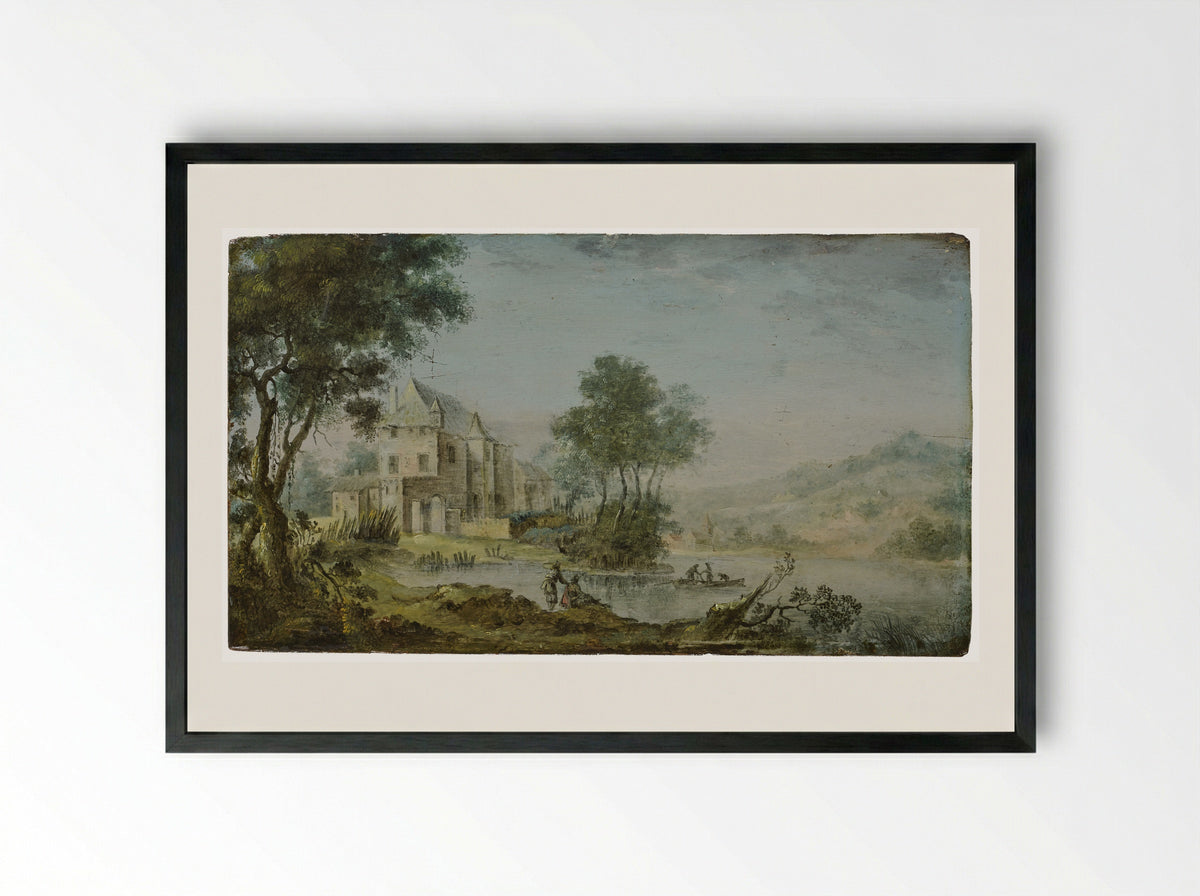 River Scene with a Chateau - Nicolas Perelle - Framed Print Black