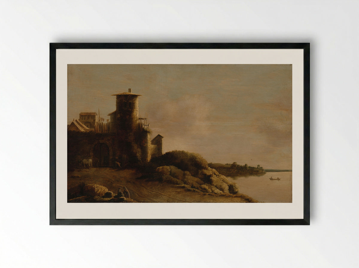River Scene with a Fortified Tower - Claude de Jongh - Framed Print Black
