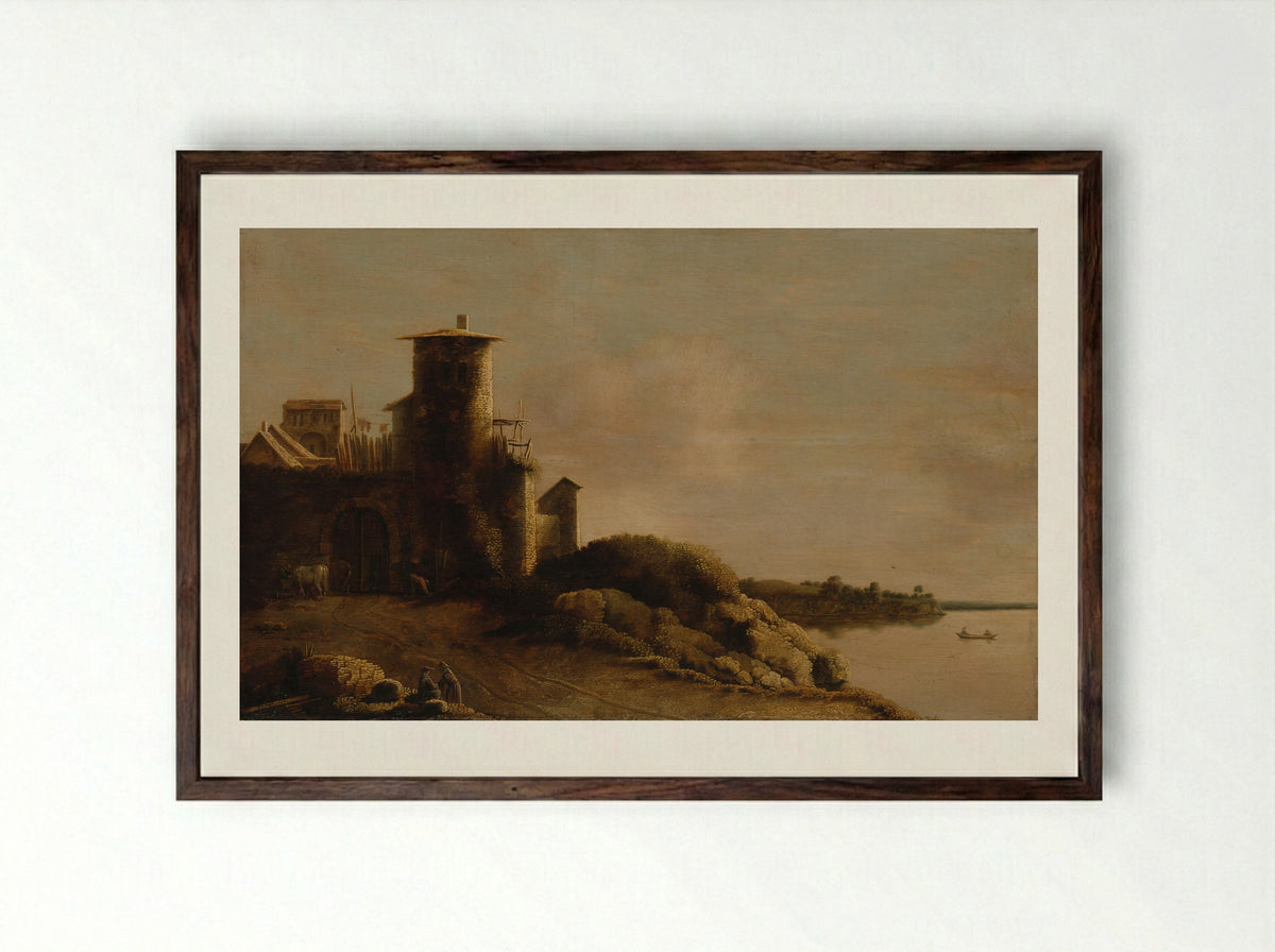 River Scene with a Fortified Tower - Claude de Jongh - Framed Print Dark Wood