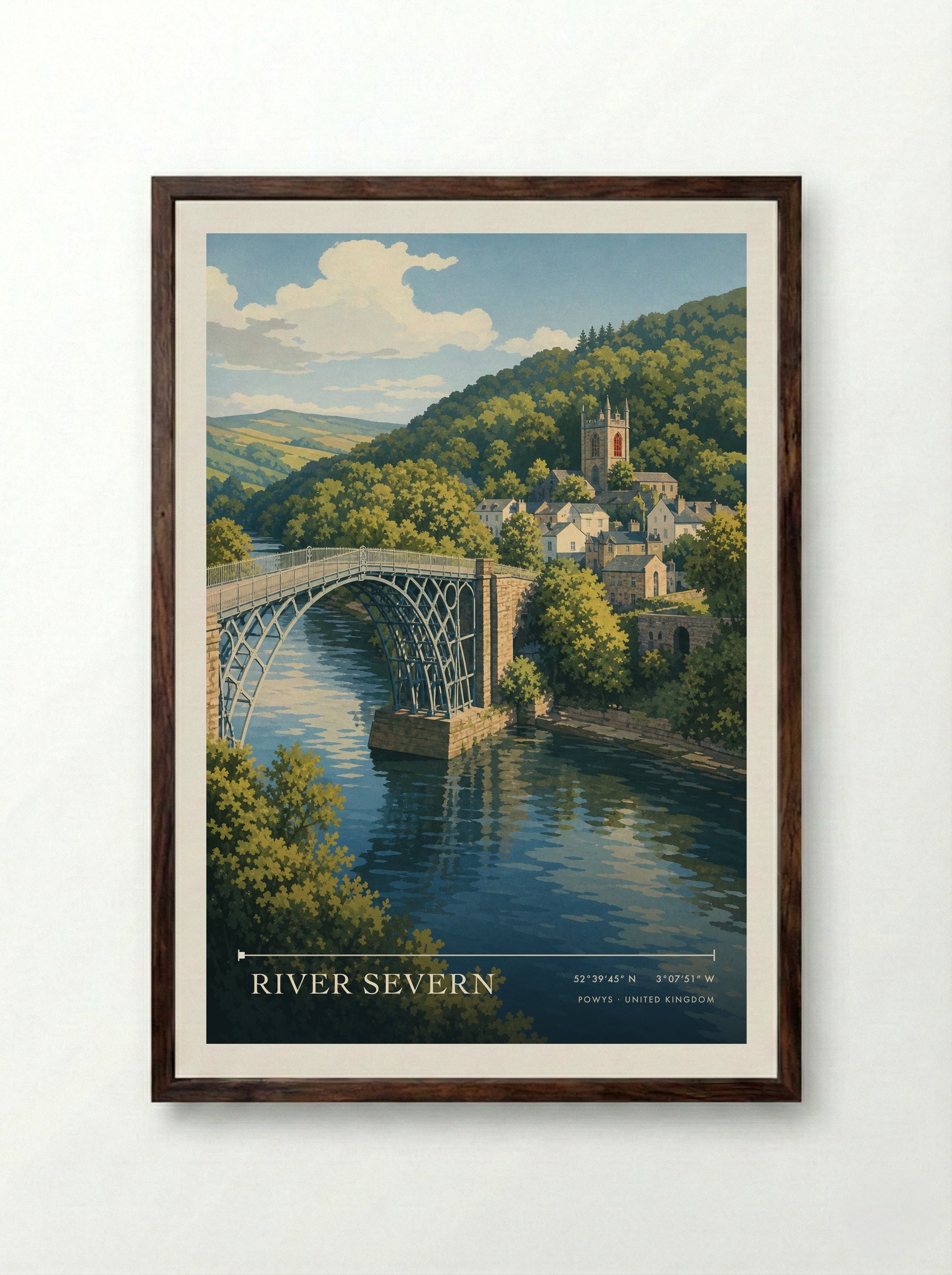 River Severn Powys United Kingdom Travel Poster - Framed Print Dark Wood