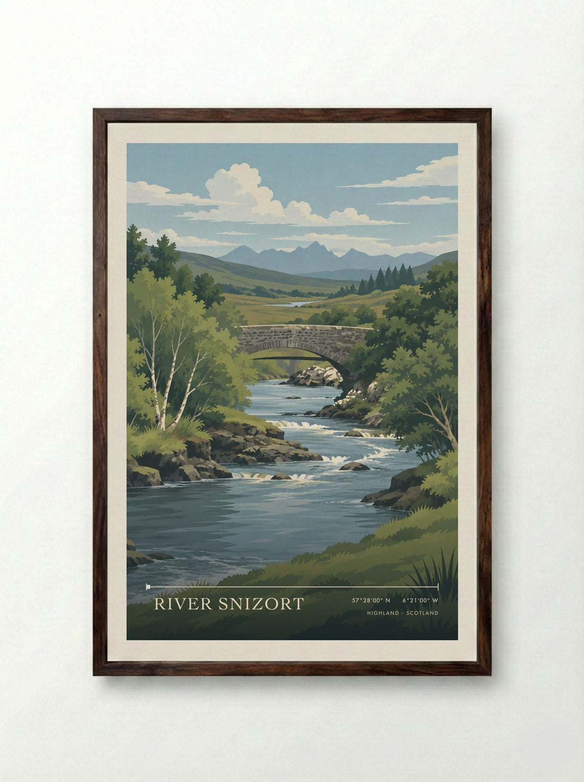 River Snizort, Highland | Travel Poster - Framed Print Dark Wood
