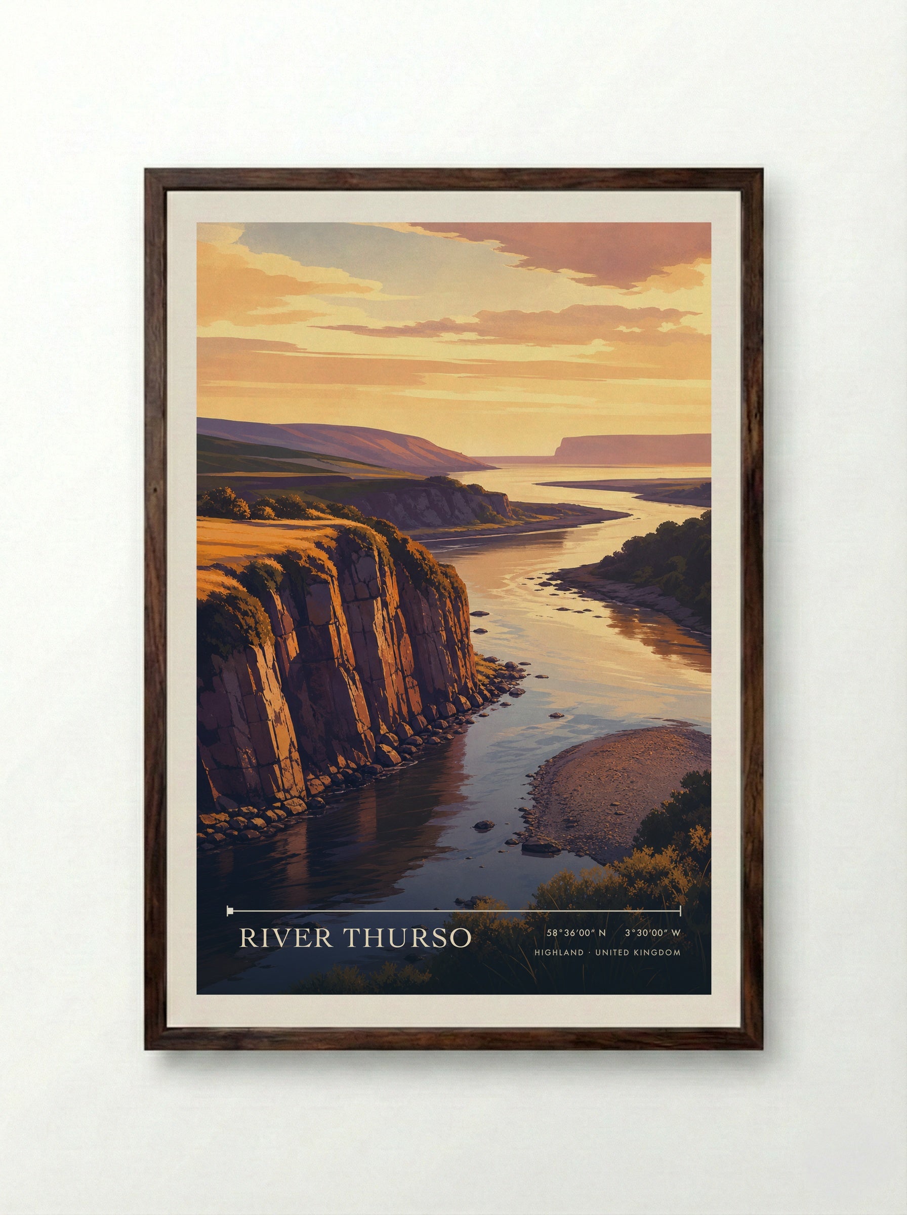 River Thurso Highland United Kingdom Travel Poster - Framed Print Dark Wood