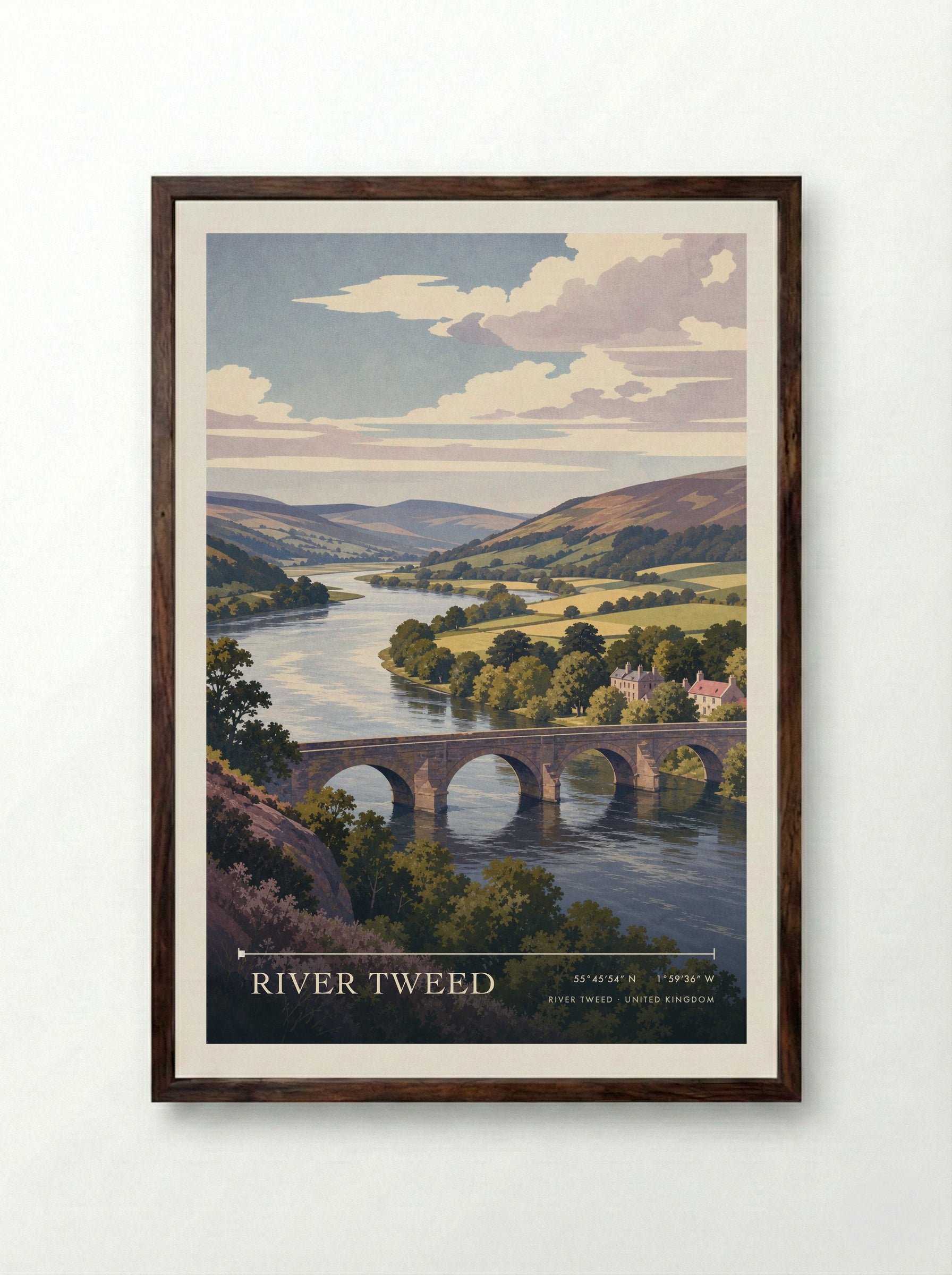 River Tweed United Kingdom Travel Poster - Framed Print Dark Wood