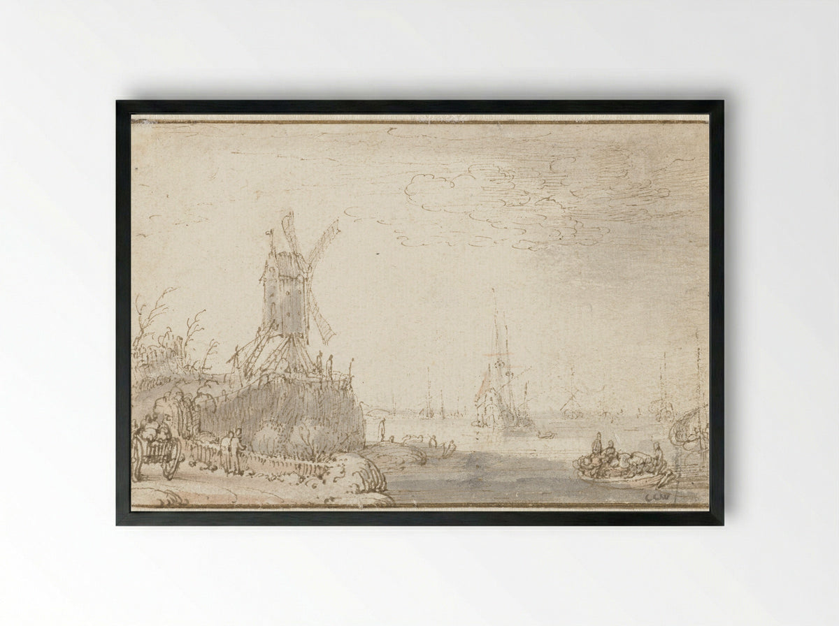 River View with Windmill - Cornelis Claesz. van Wieringen - Framed Print Black