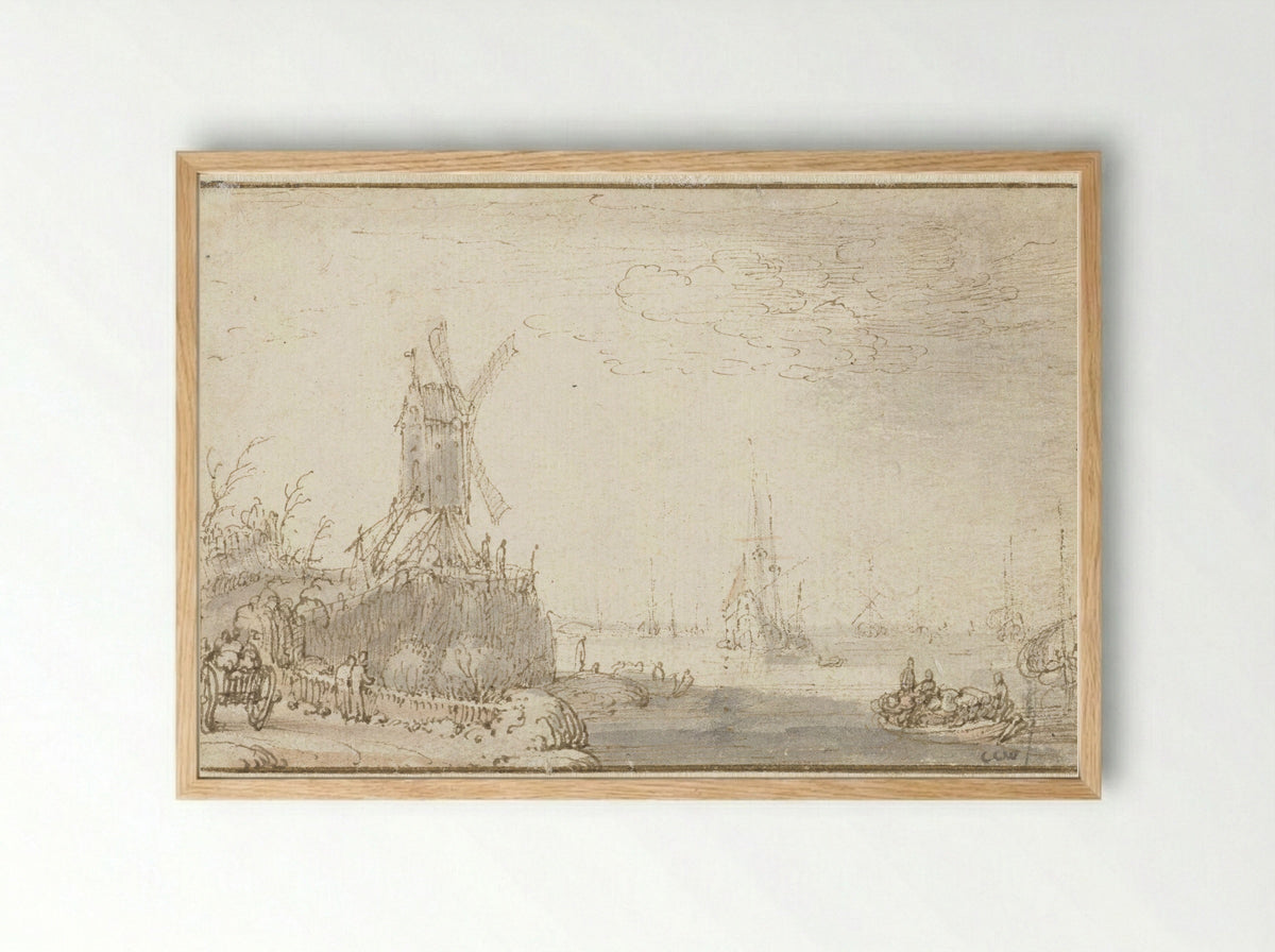 River View with Windmill - Cornelis Claesz. van Wieringen - Framed Print Wood