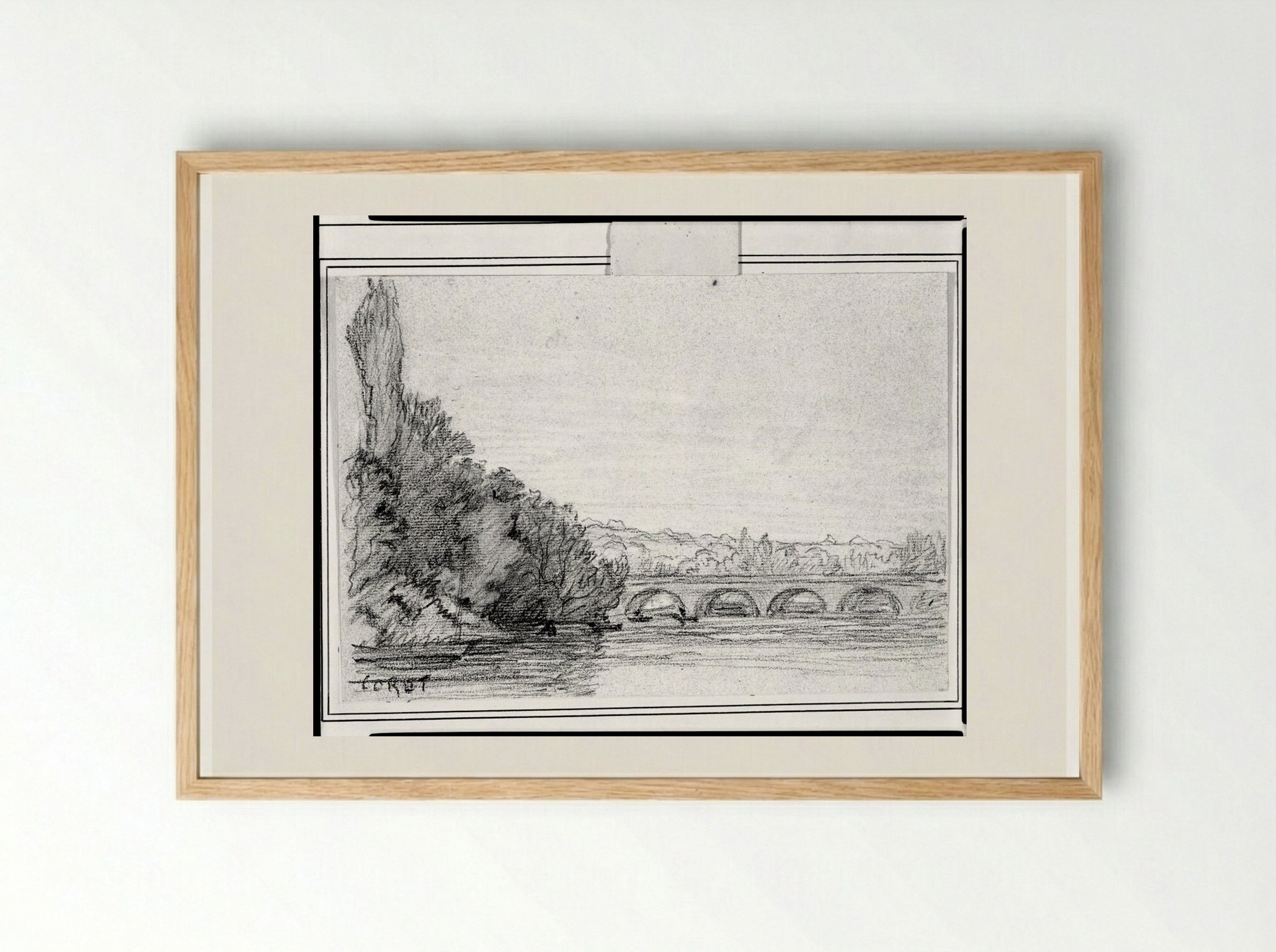 River View with a Bridge - Jean-Baptiste-Camille Corot - Framed Print Wood