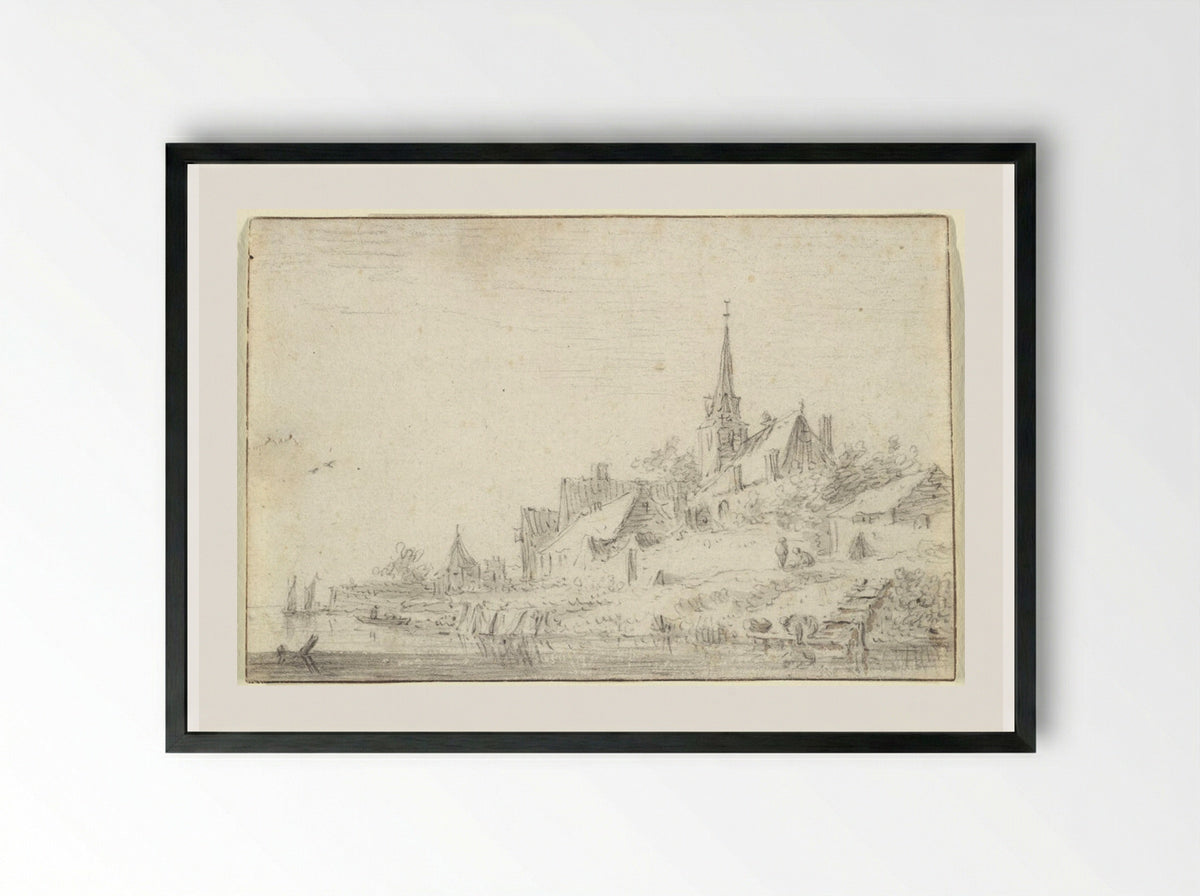 River View with a Village Church - Jan van Goyen - Framed Print Black