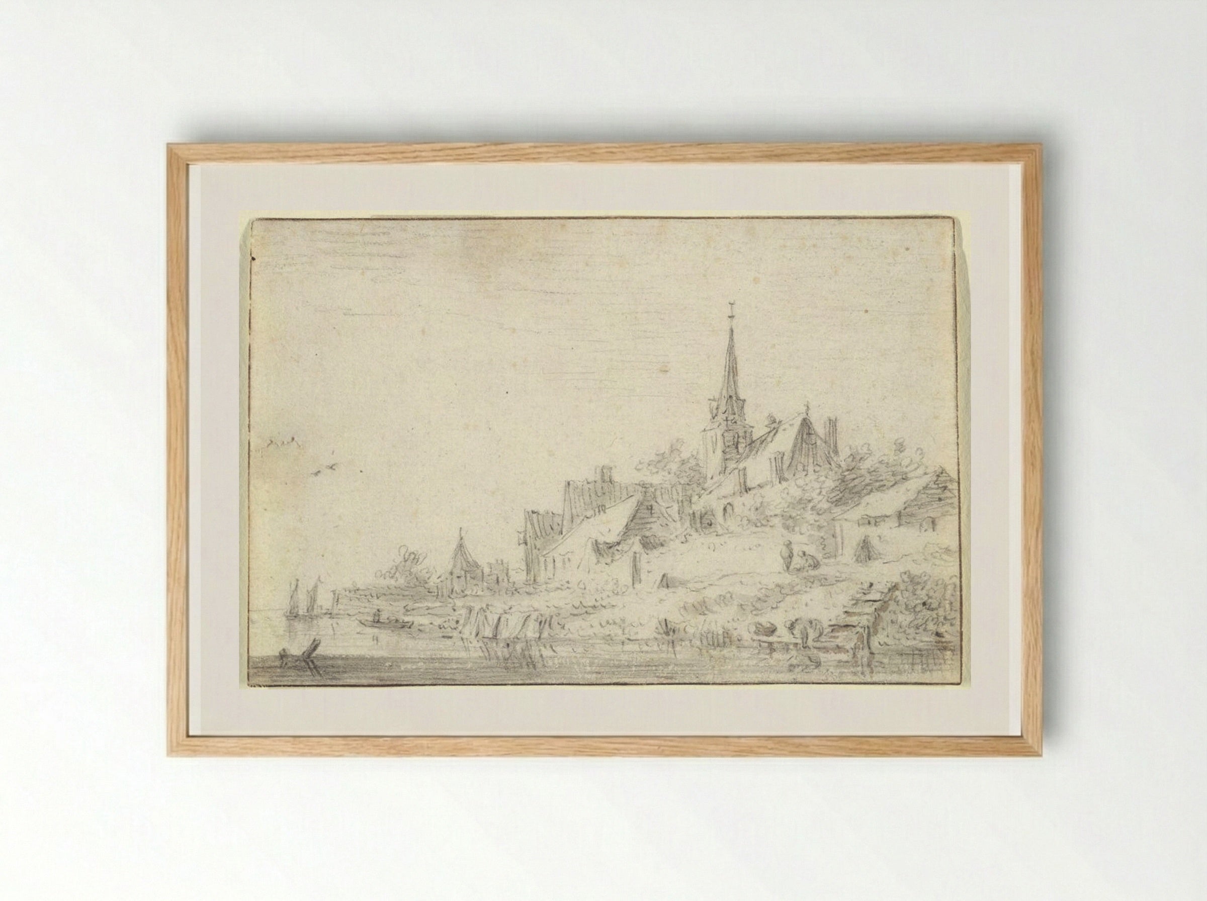 River View with a Village Church - Jan van Goyen - Framed Print Wood