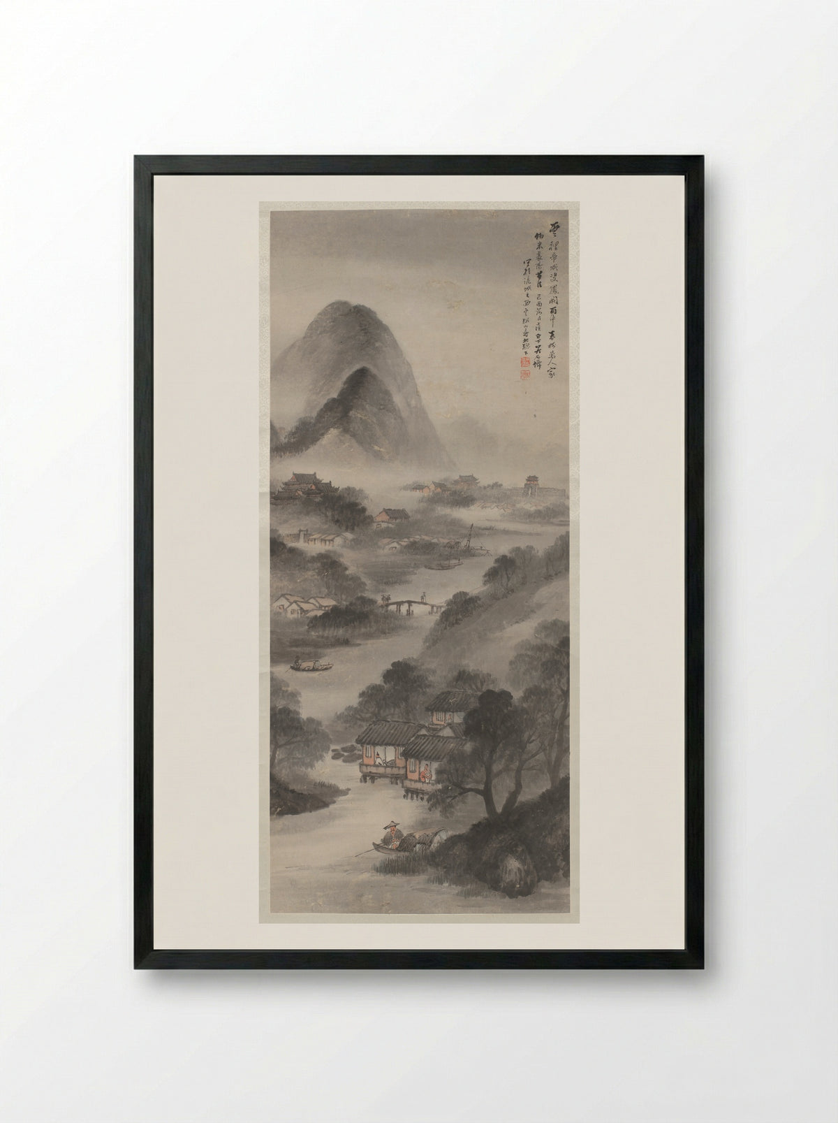 River Village in Mist - Wu Shixian - Framed Print Black