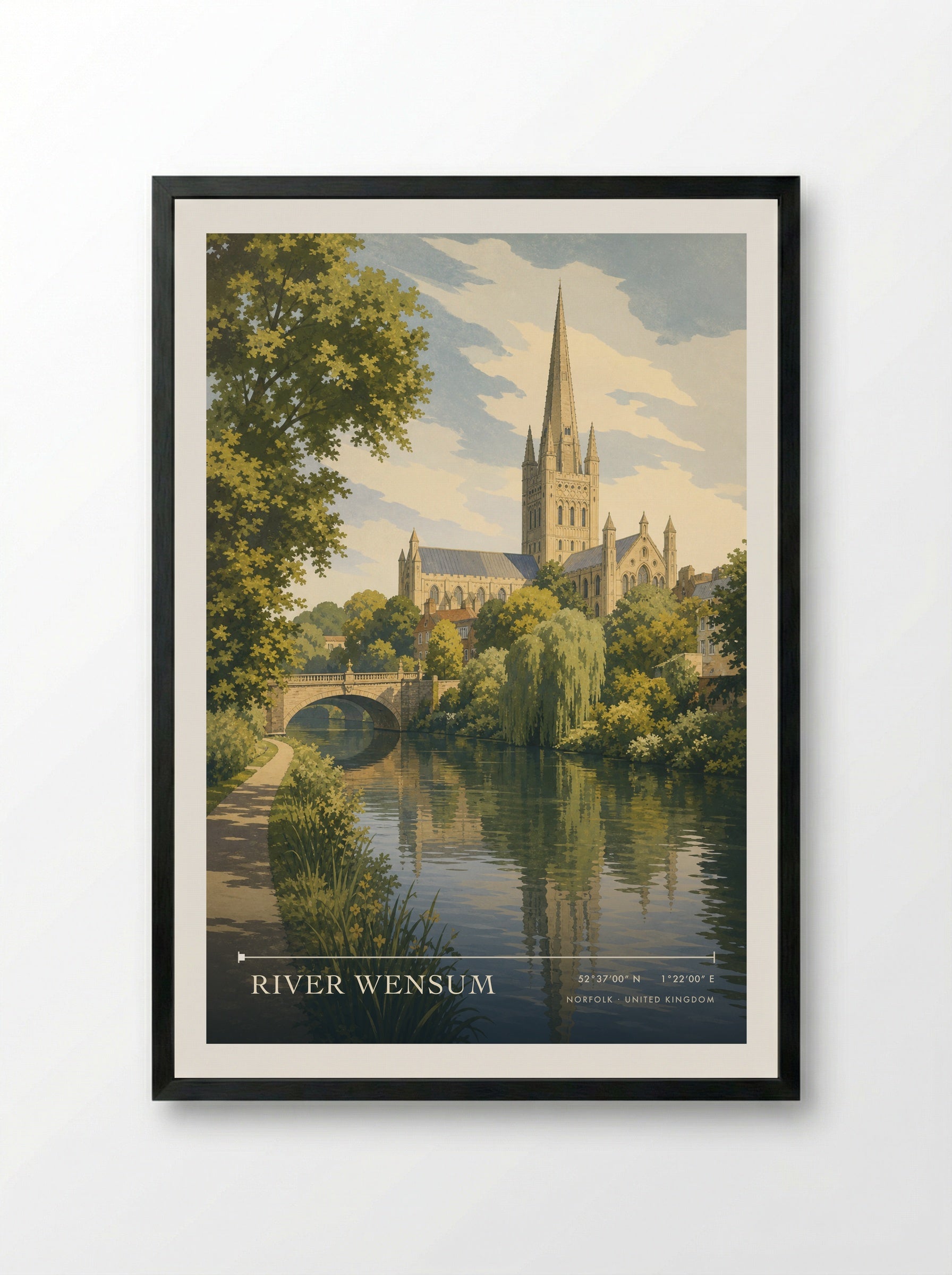 River Wensum Norfolk United Kingdom Travel Poster - Framed Print Black