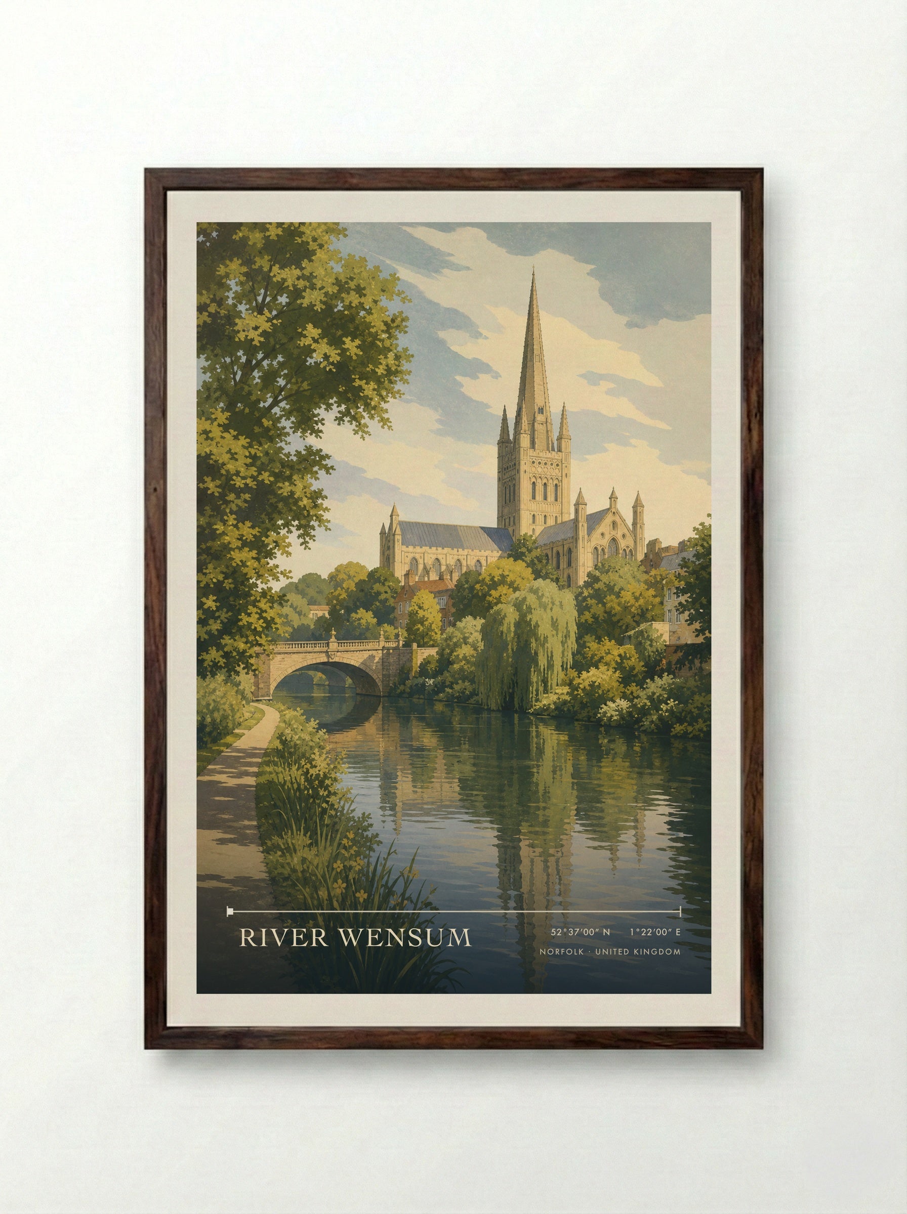 River Wensum Norfolk United Kingdom Travel Poster - Framed Print Dark Wood