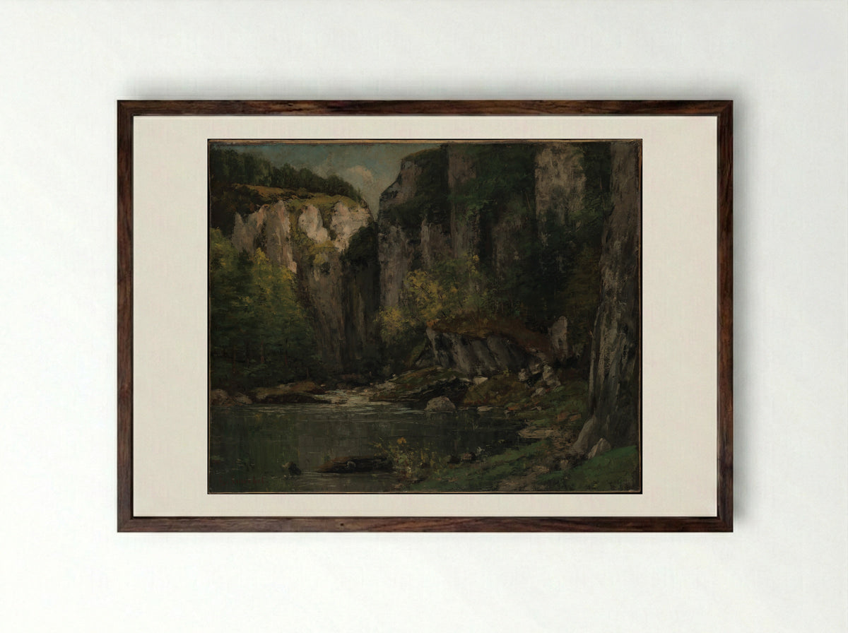 River and Rocks - Gustave Courbet - Framed Print Dark Wood