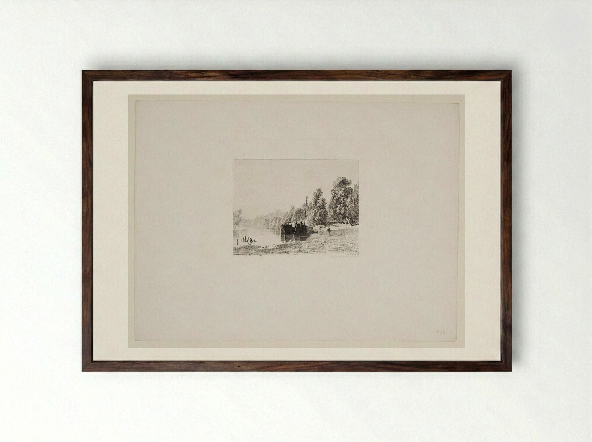 River's Edge - Charles-Émile Jacque - Framed Print Dark Wood