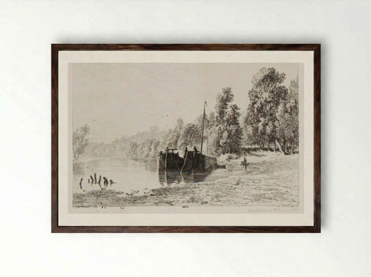 River's Edge - Charles-Émile Jacque - Framed Print Dark Wood