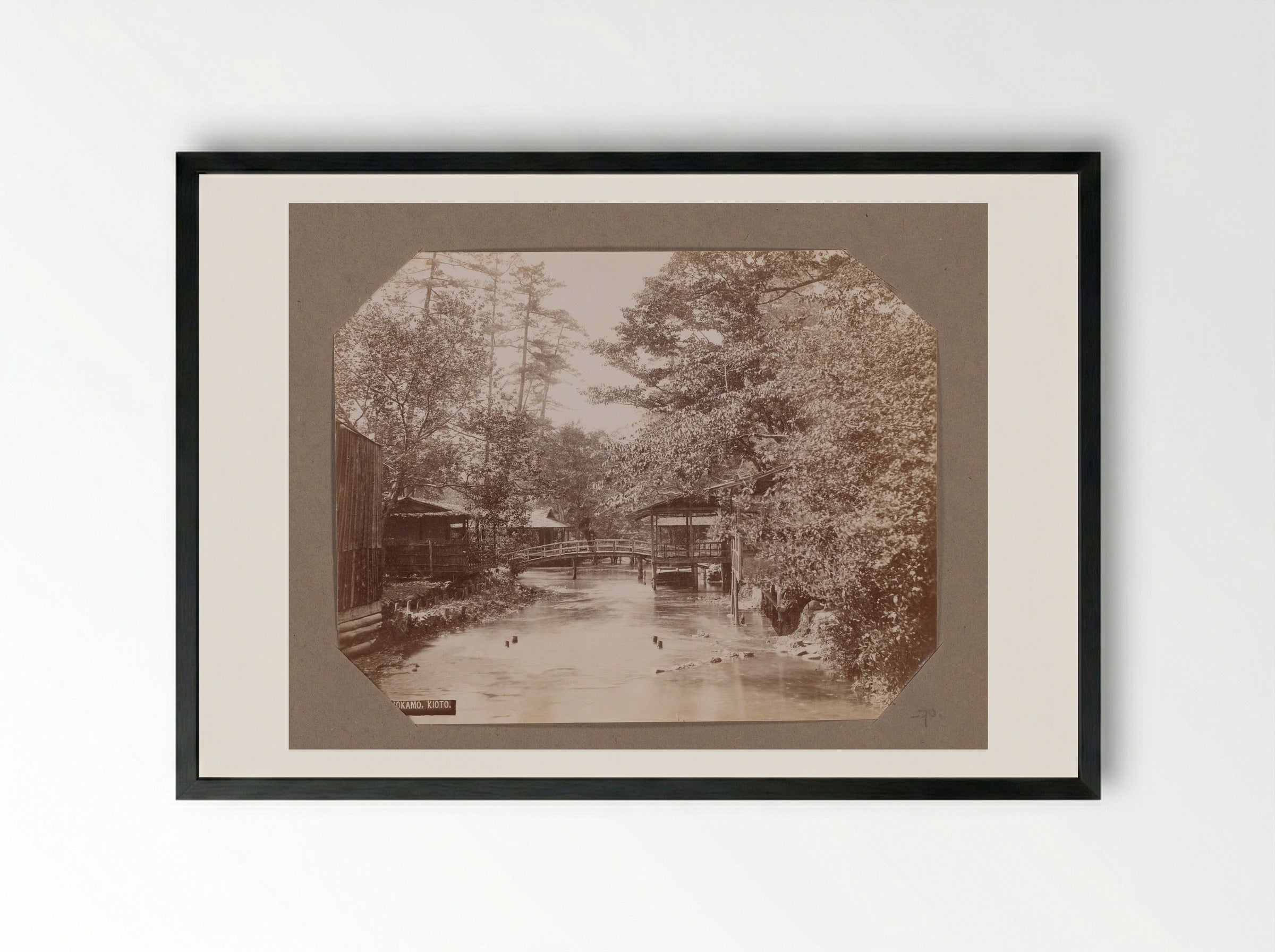River with Bridge in Shimogamo, Kyoto - Kusakabe Kimbei - Framed Print Black