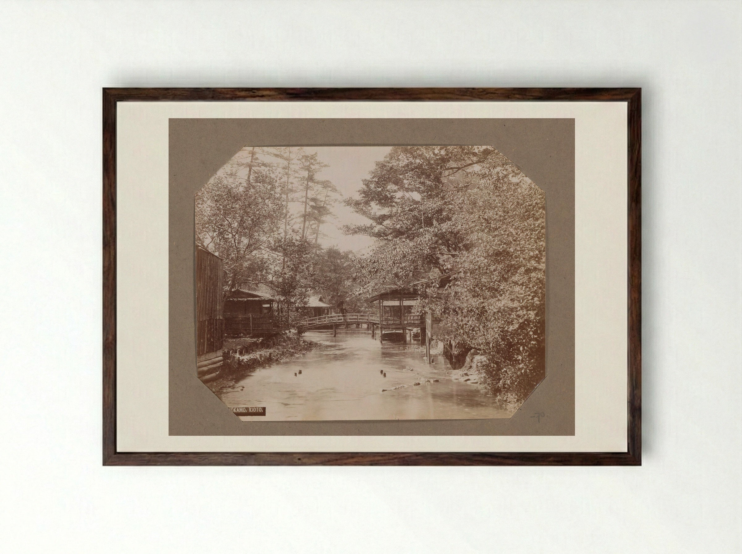 River with Bridge in Shimogamo, Kyoto - Kusakabe Kimbei - Framed Print Dark Wood
