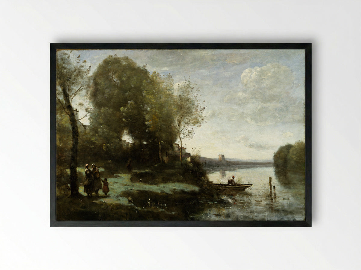 River with a Distant Tower - Camille Corot - Framed Print Black