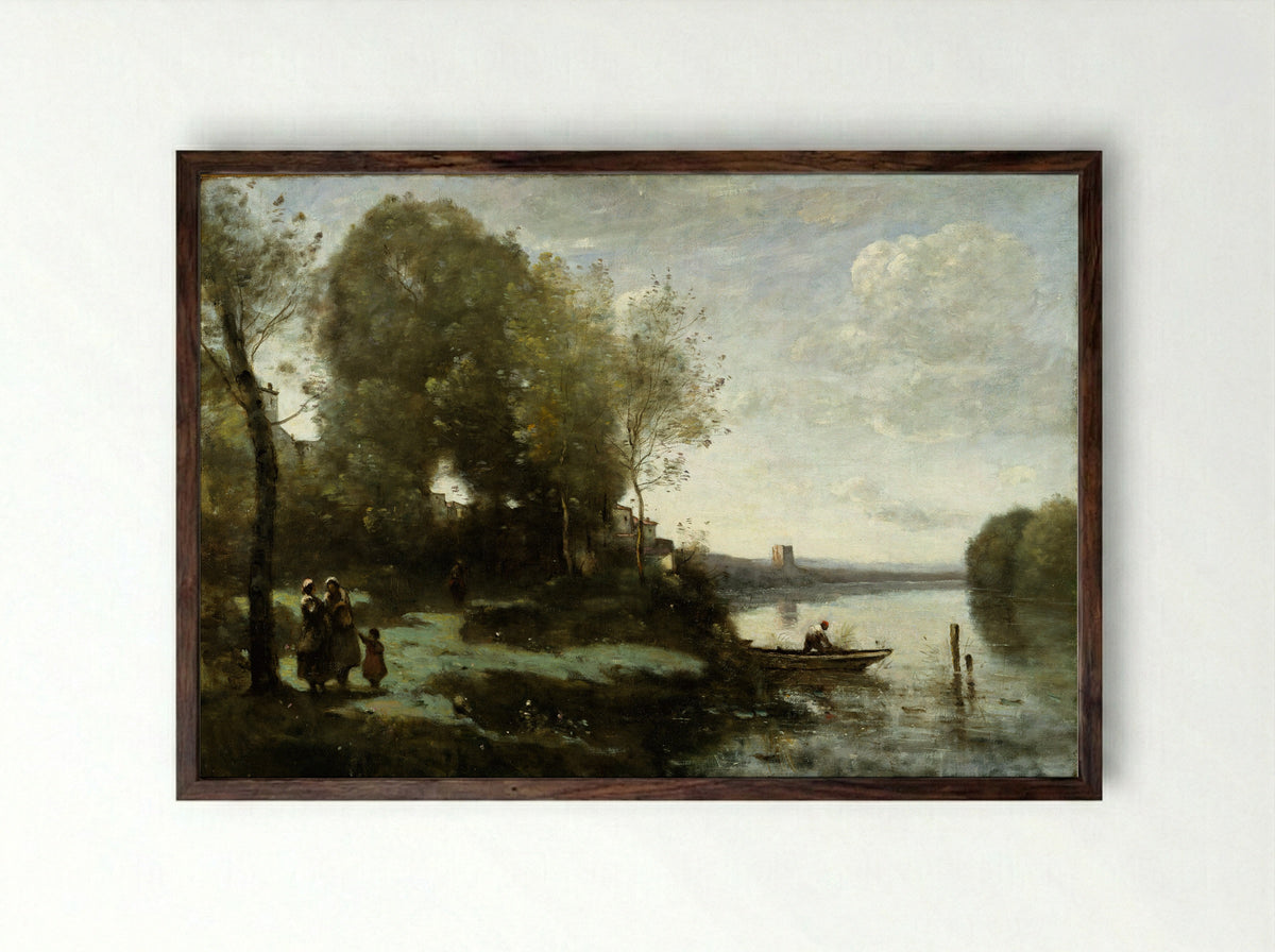 River with a Distant Tower - Camille Corot - Framed Print Dark Wood